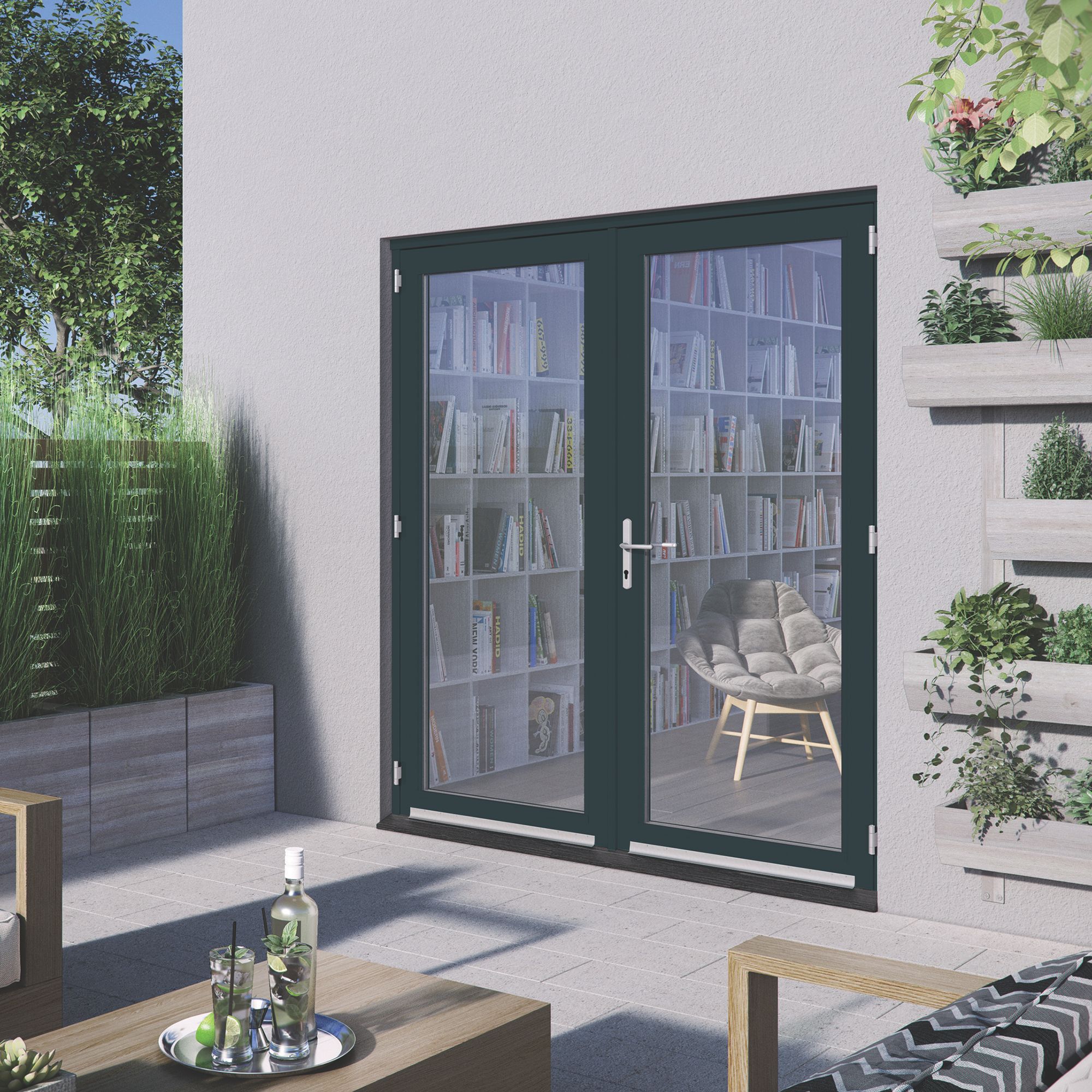 1 Lite Clear 2 panel Grey Fully finished Hardwood External French door