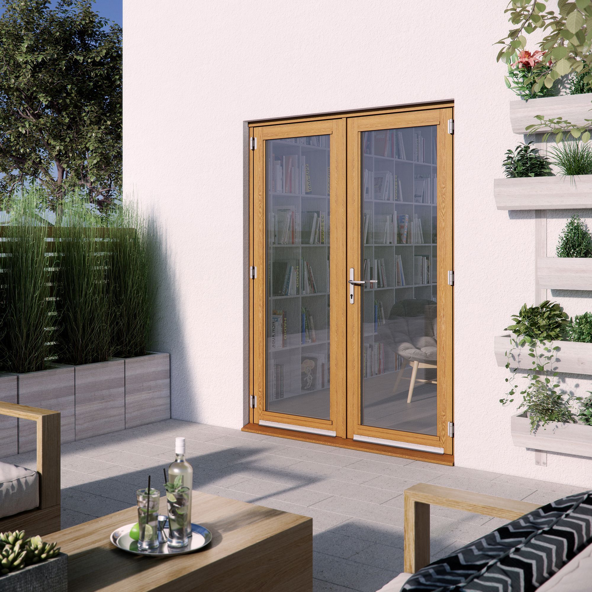 1 Lite Clear 2 panel Golden oak Hardwood External French door, (H)2094mm (W)1494mm Departments