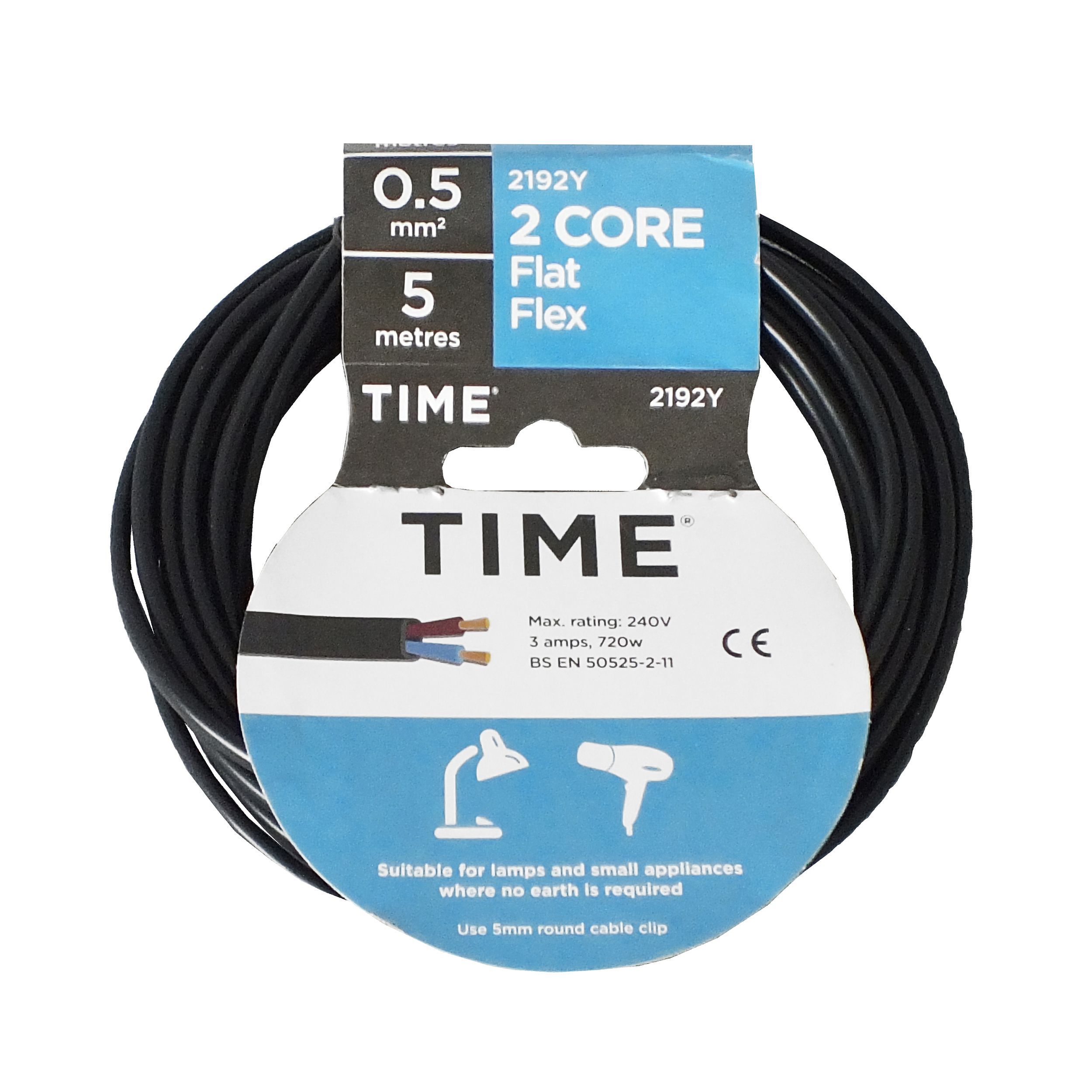 Time 2 core Flat flexible cable 0.5mm² 2192Y Black 5 m Departments