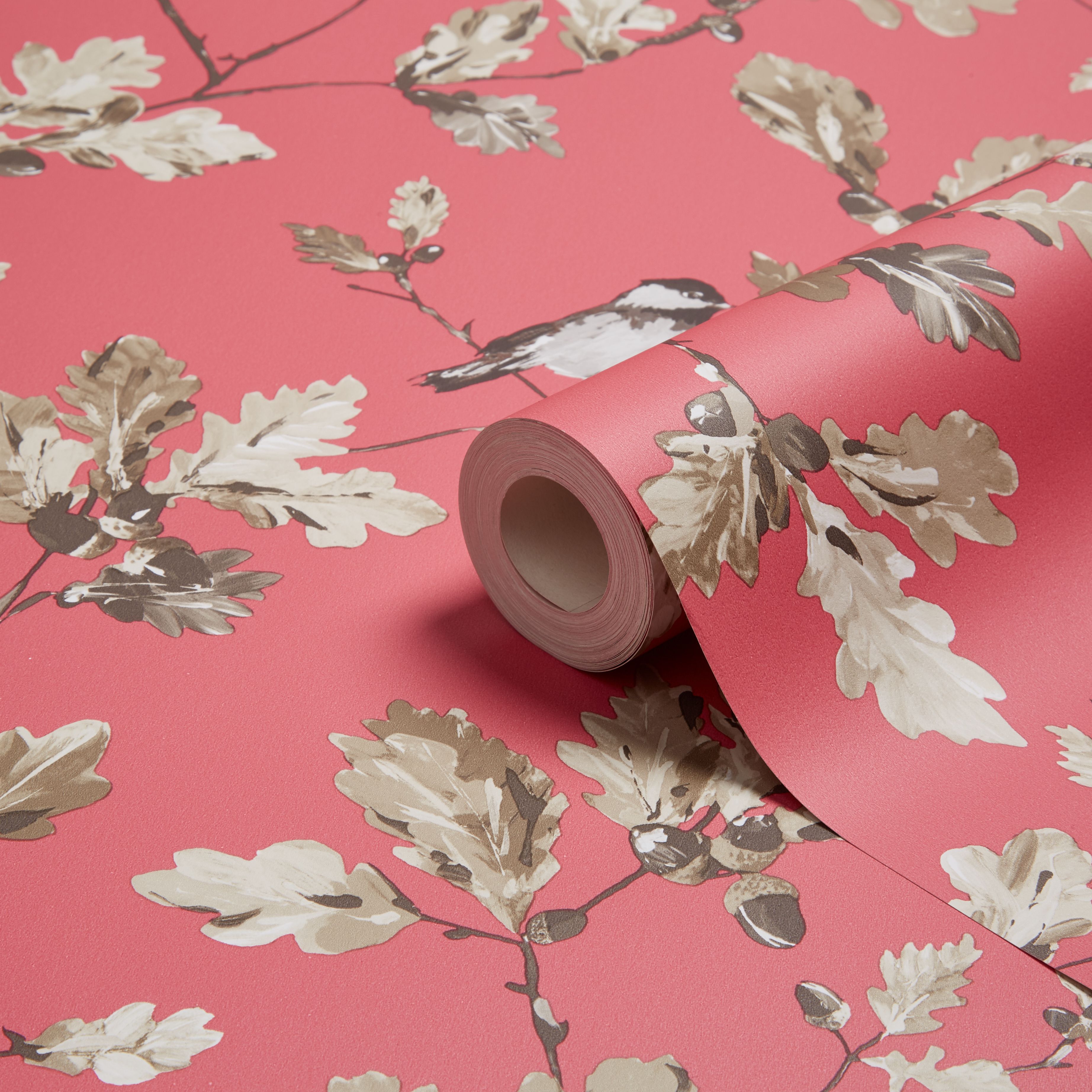 K2 Acorn trail Red Floral birds Mica Wallpaper Departments DIY at B&Q