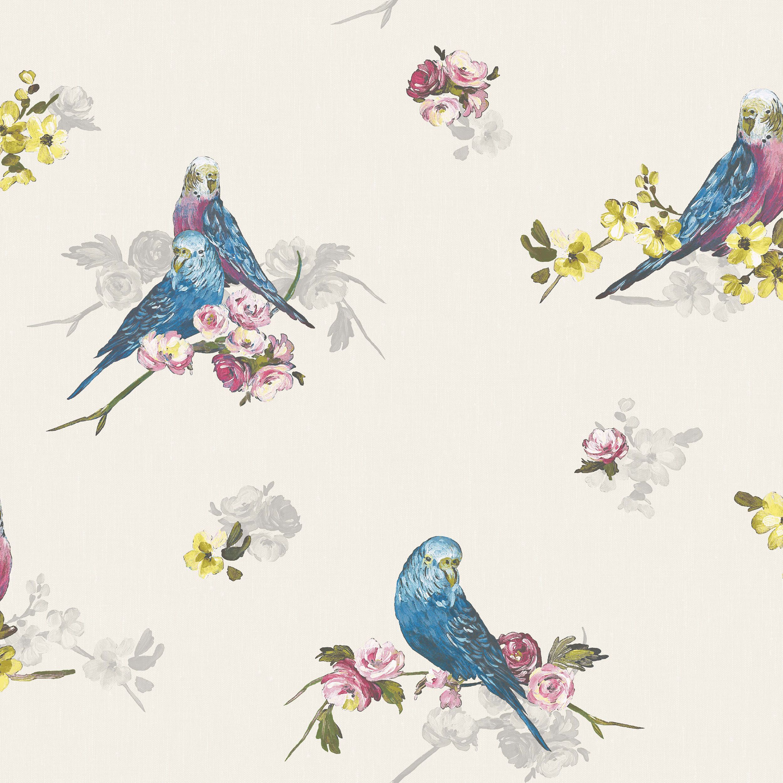 Statement Budgie Blue & grey Floral birds Wallpaper ...