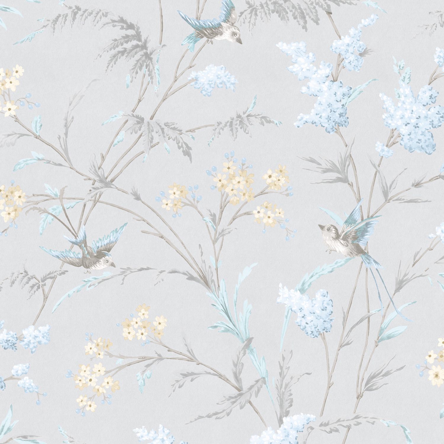 Hailey Grey & blue Floral birds Glitter highlight Wallpaper