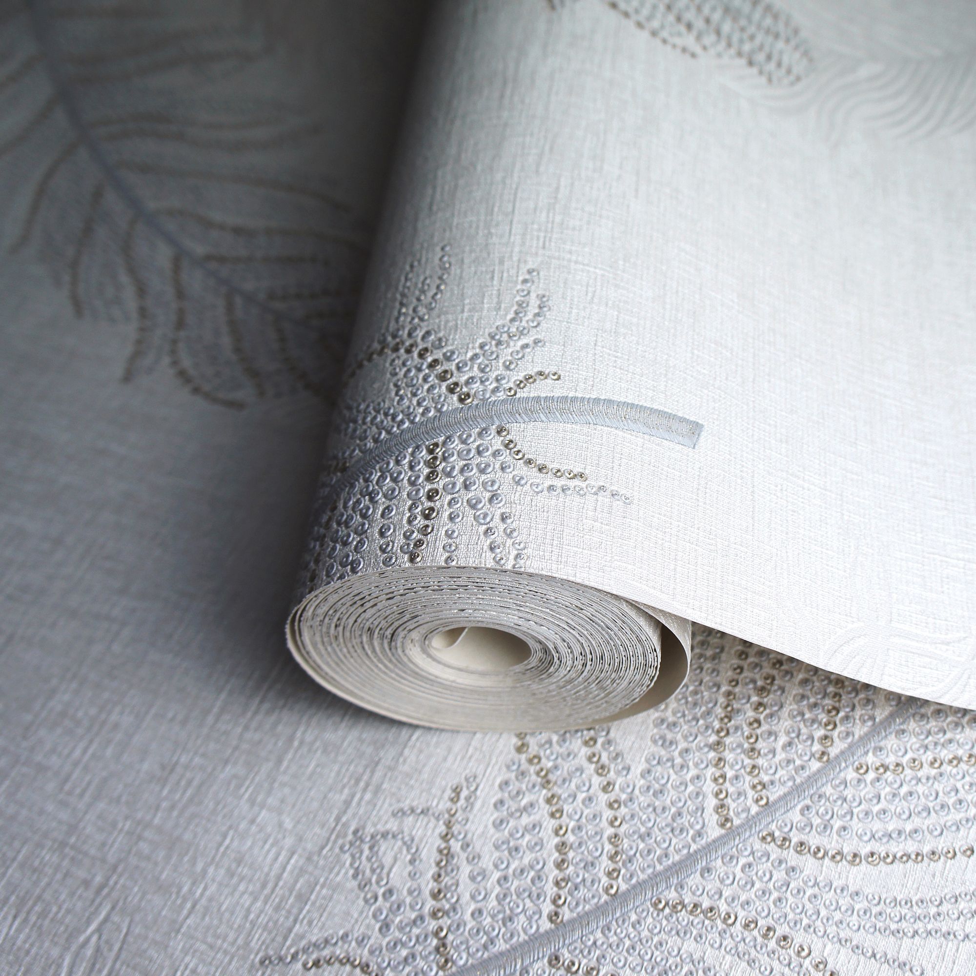 Opus Marcia Grey Feather Metallic effect Embossed Wallpaper