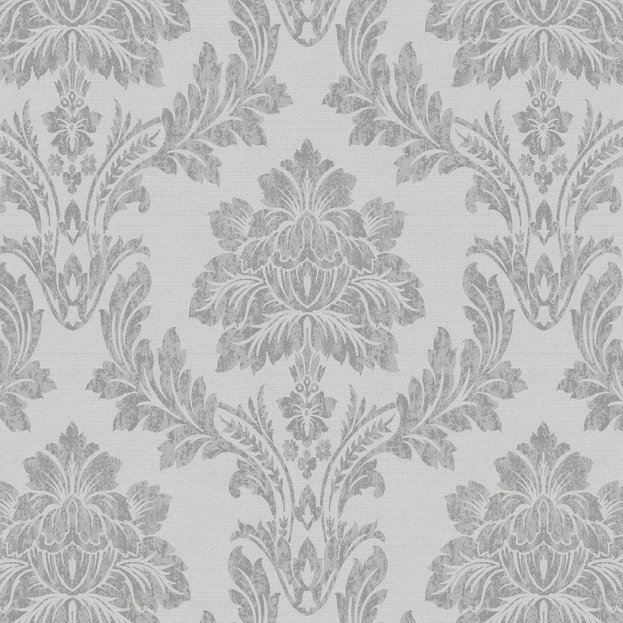 Statement Salvador Grey Damask Metallic effect Textured Wallpaper