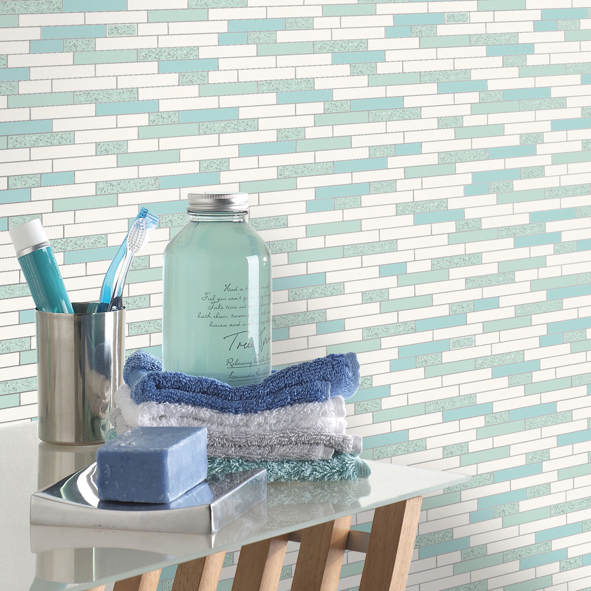 Holden décor Teal & white Tile effect Metallic Wallpaper Departments