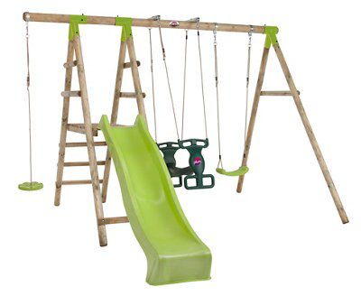 plum wooden swing set