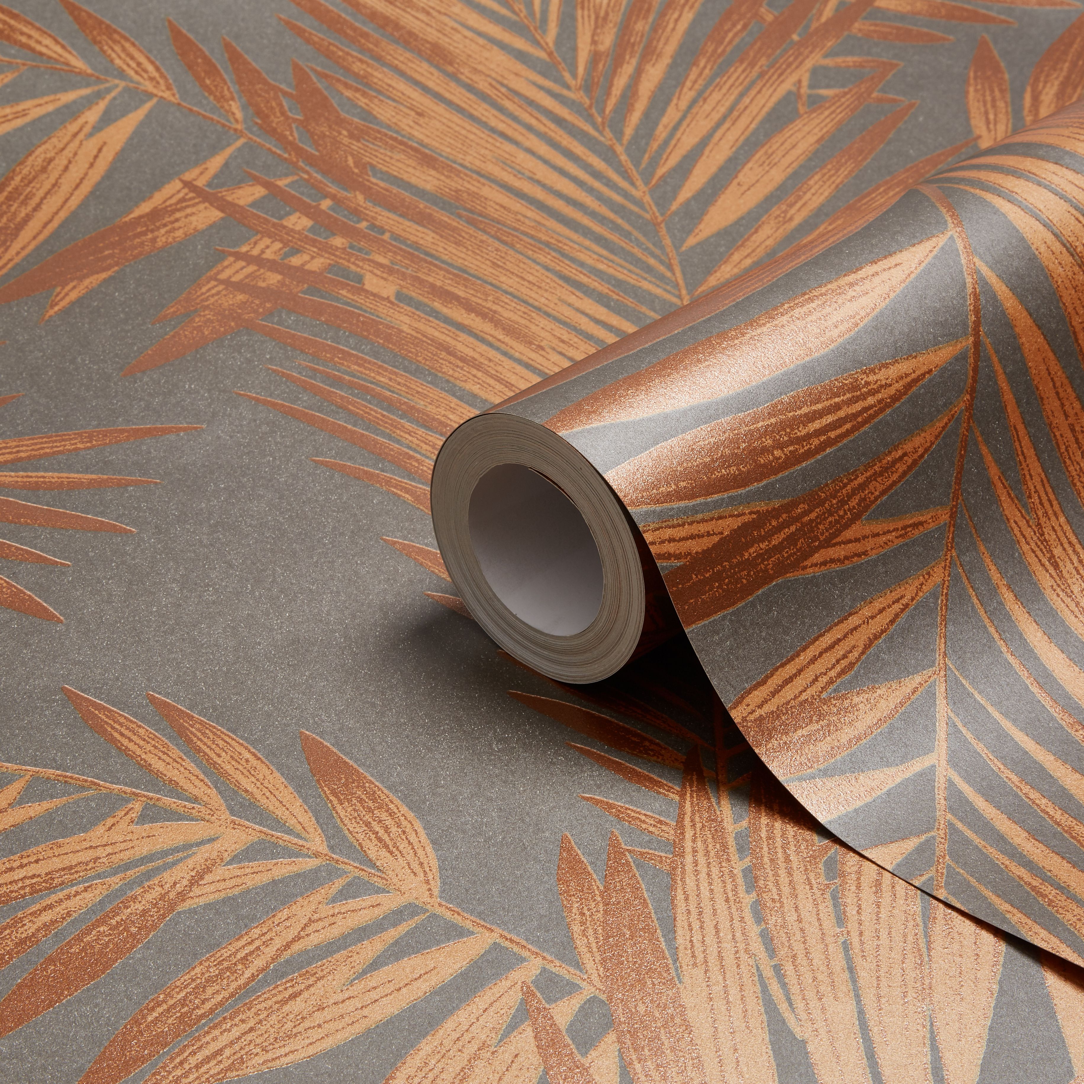 Arthouse Cressida Copper & Grey Leaves Glitter Effect Wallpaper