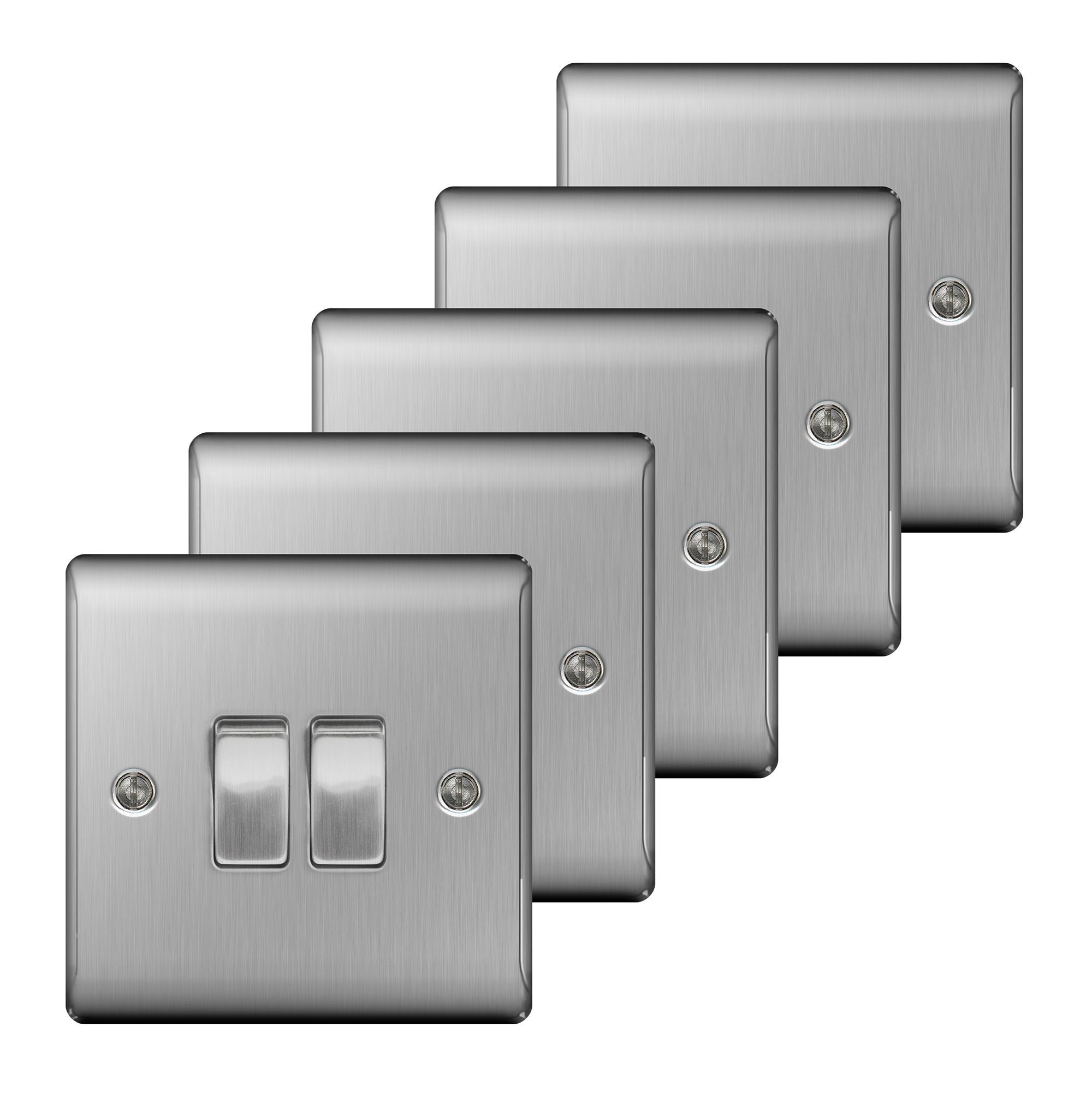Nexus 10A 2Way Double Brushed steel Light switch, Pack of 5