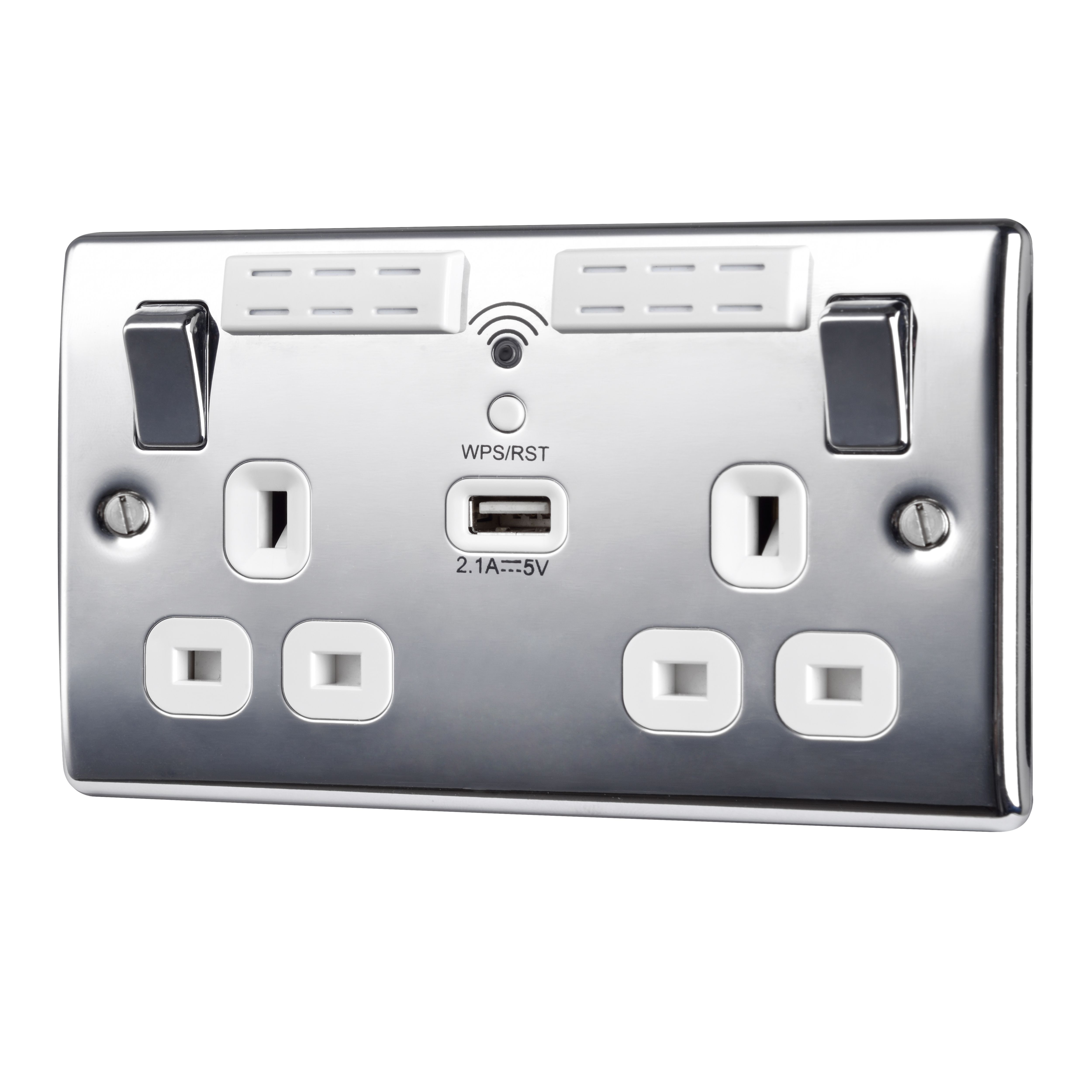 British General 13A Chrome effect Switched Double USB socket & Wifi