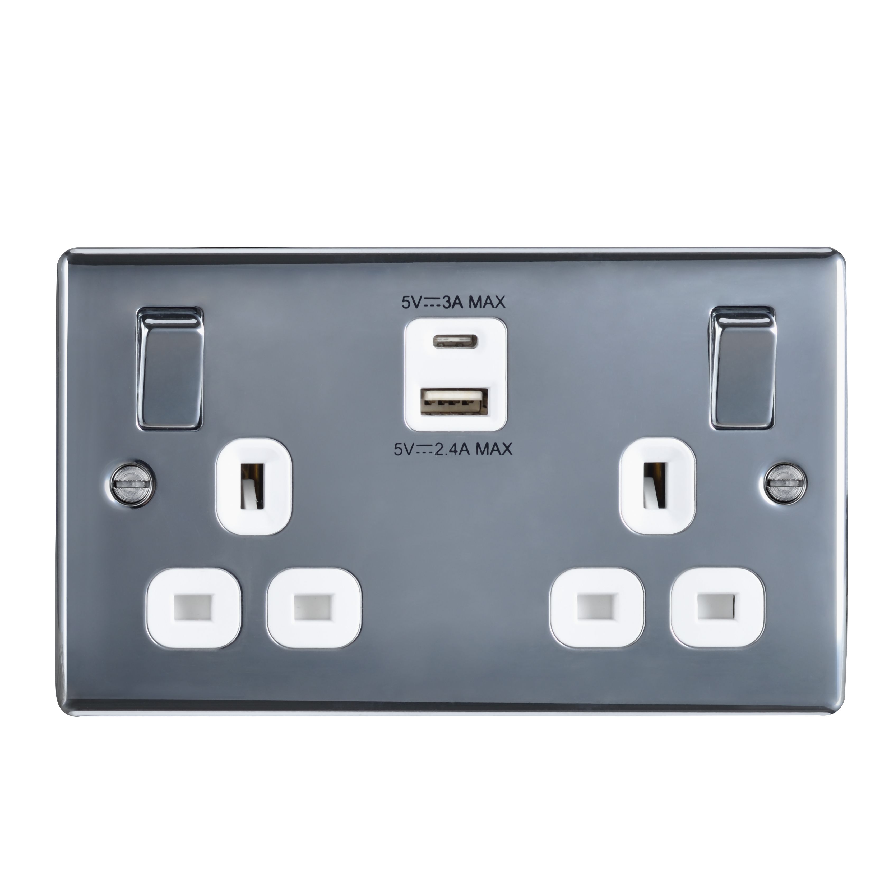 BG 13A Polished Switched Double socket with USB Charger & 2x USB