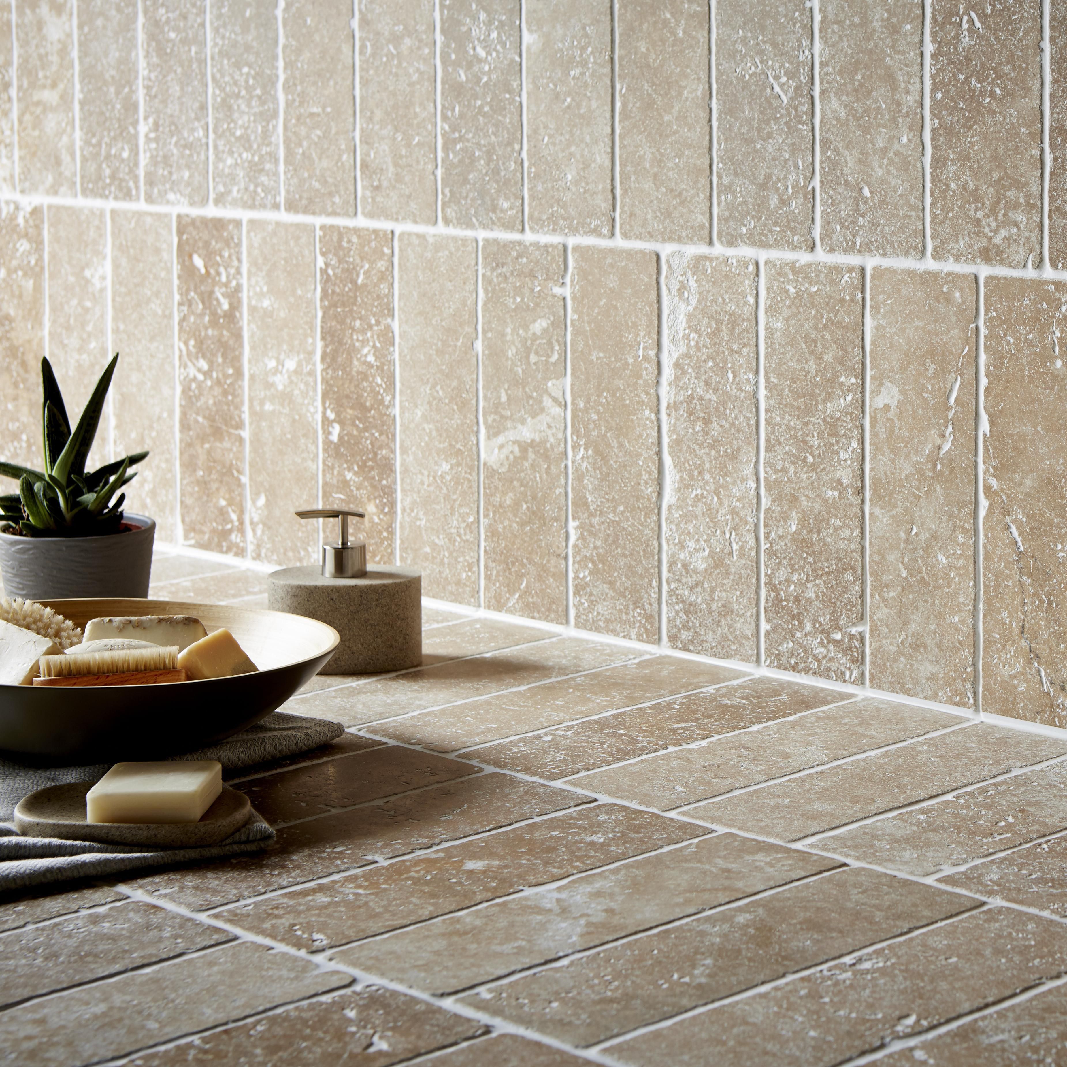 Tumbled Noce Stone effect Travertine Wall tile, Pack of 15