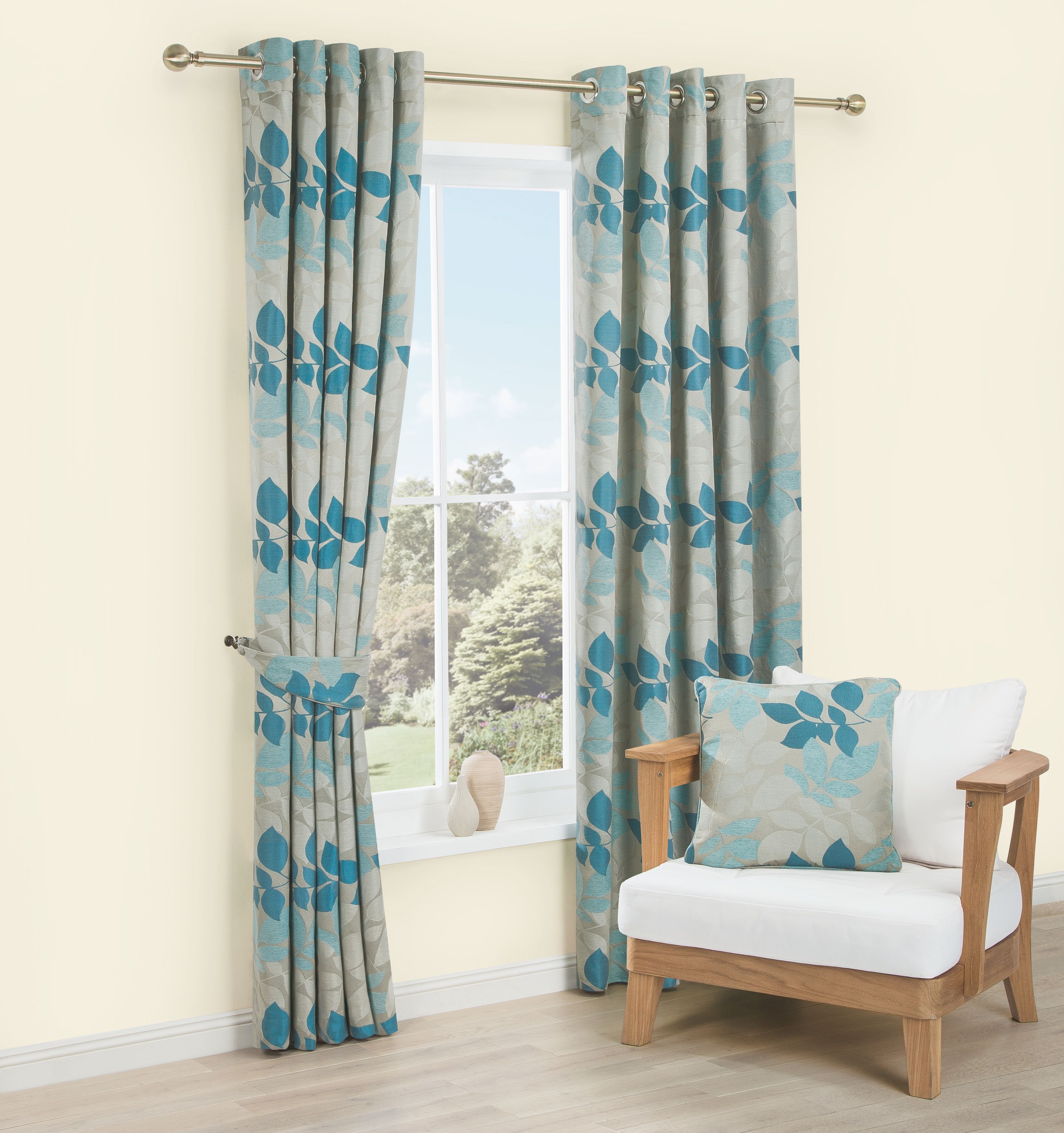 Araxa Duck Egg Taupe Leaves Jacquard Lined Eyelet Curtains W