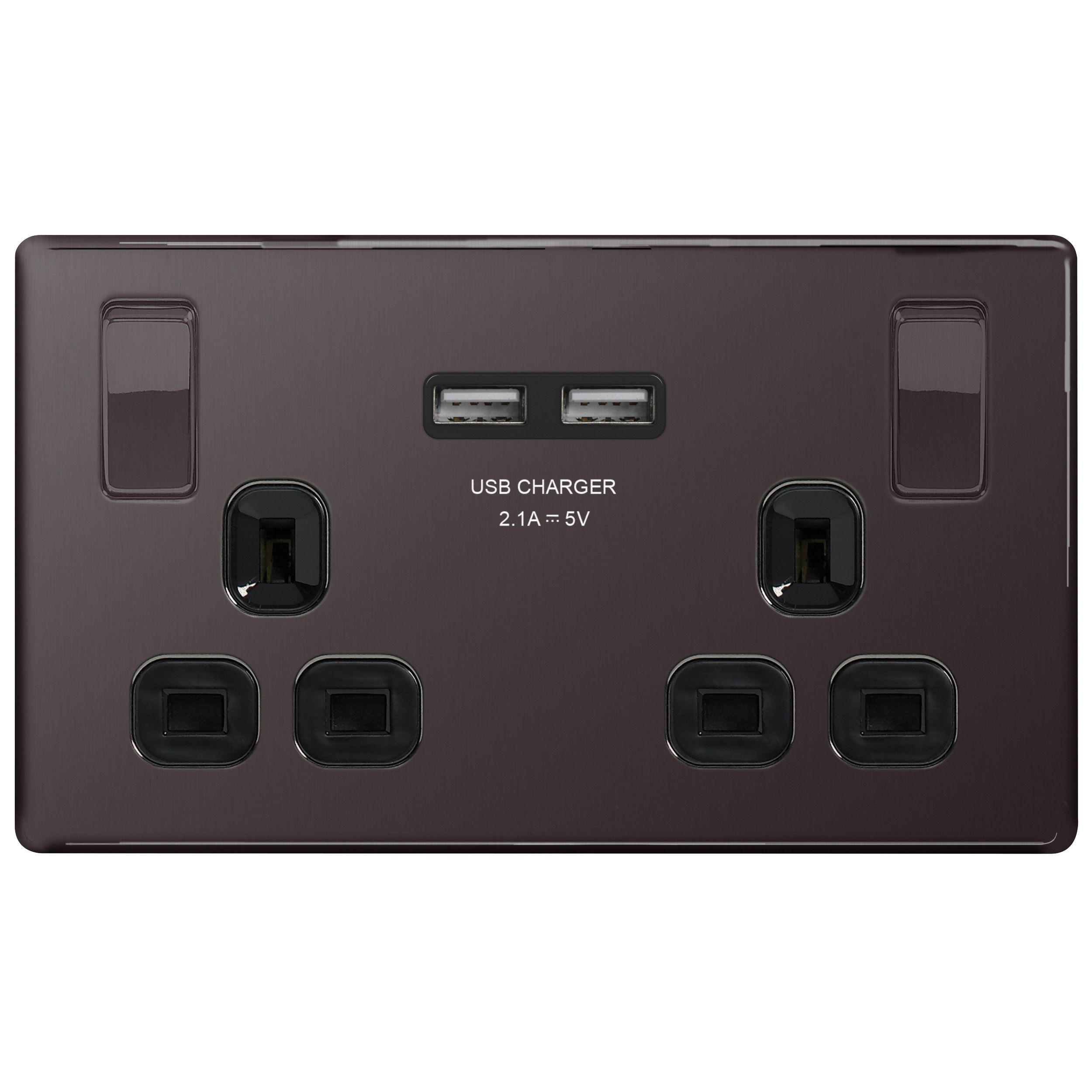 Colours 13A Black Nickel effect Switched Socket & 2 x USB Departments