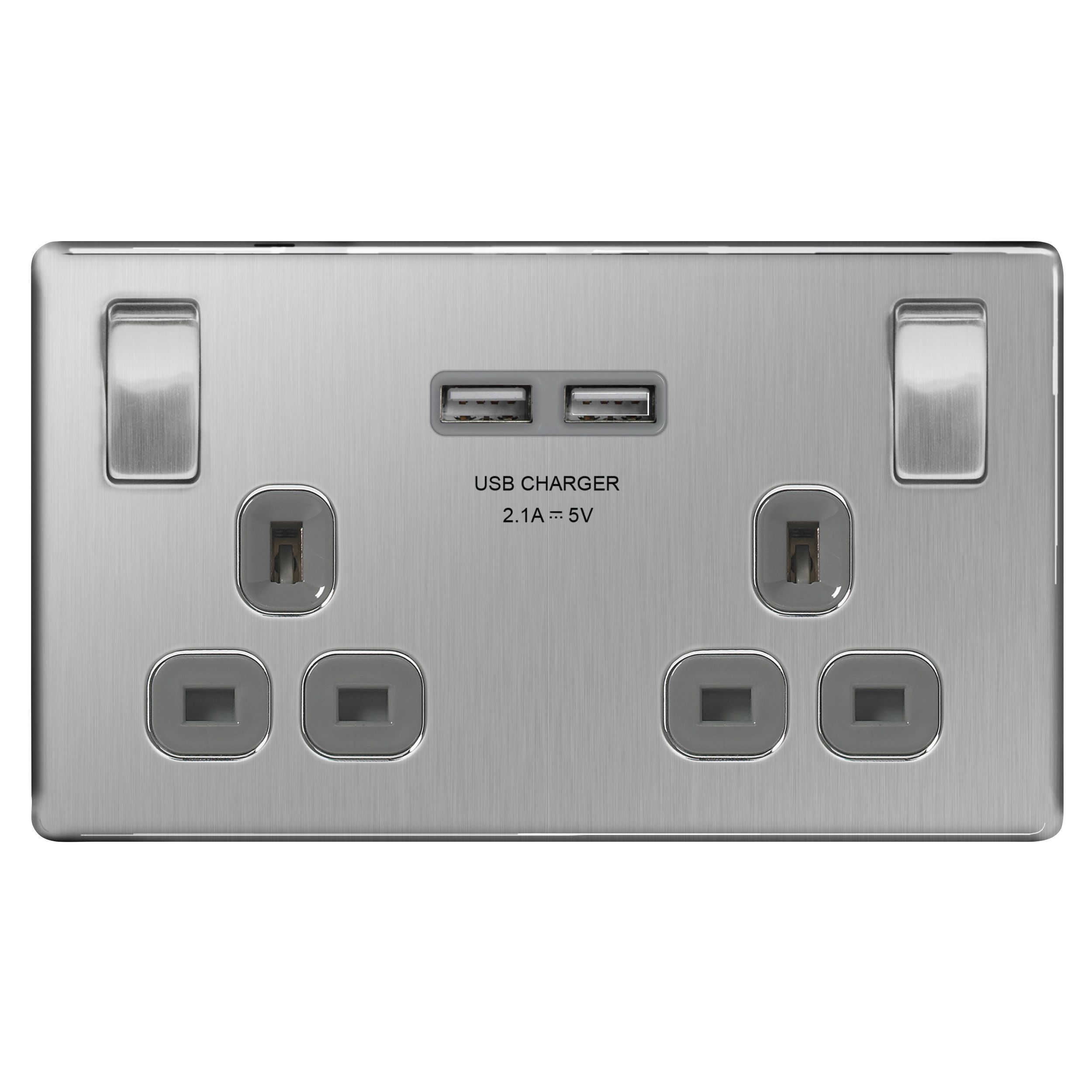 Colours 13A Steel effect Switched Socket & 2 x USB Departments DIY