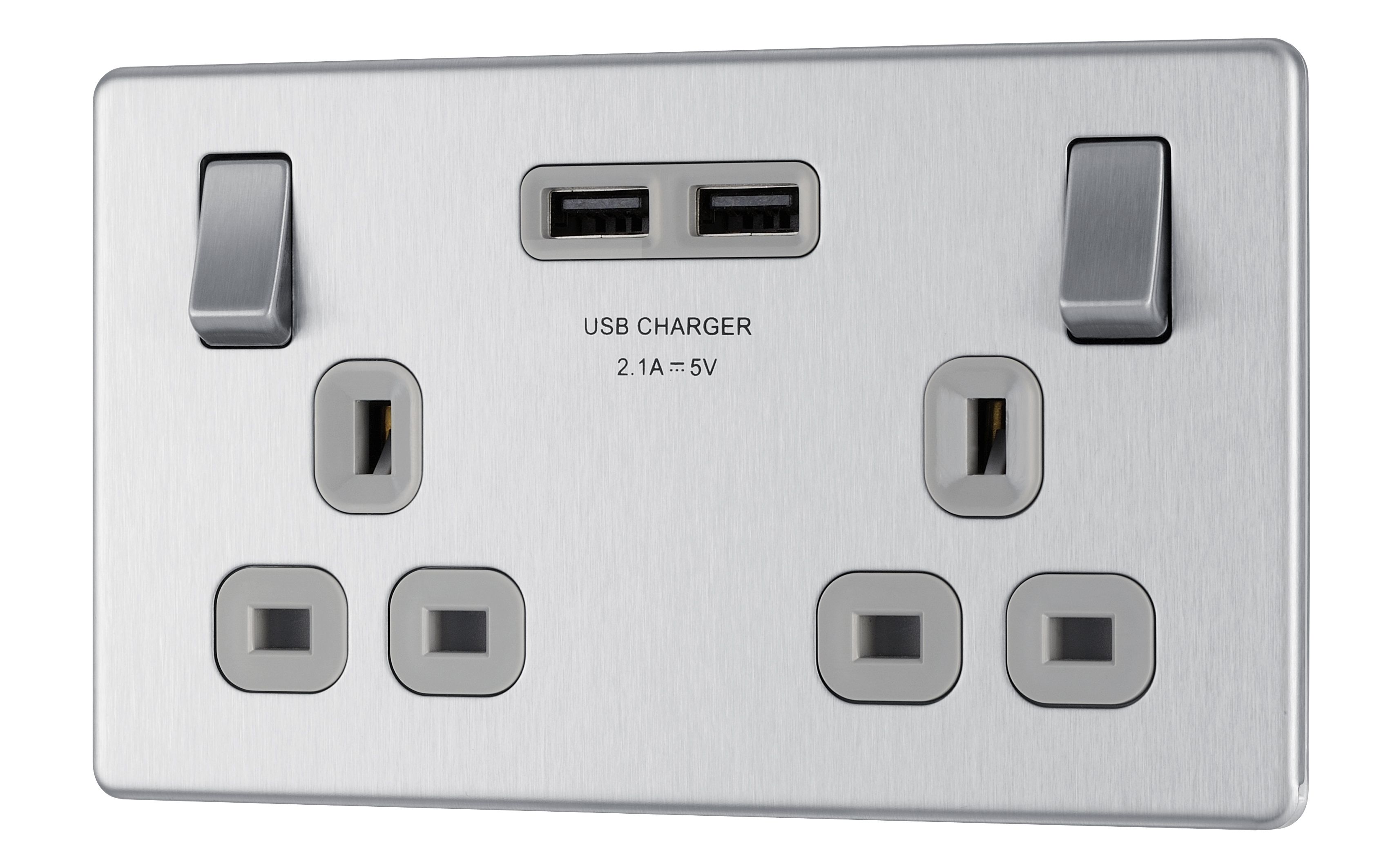 Colours Brushed Steel effect Double USB socket, 2 x 2.1A USB