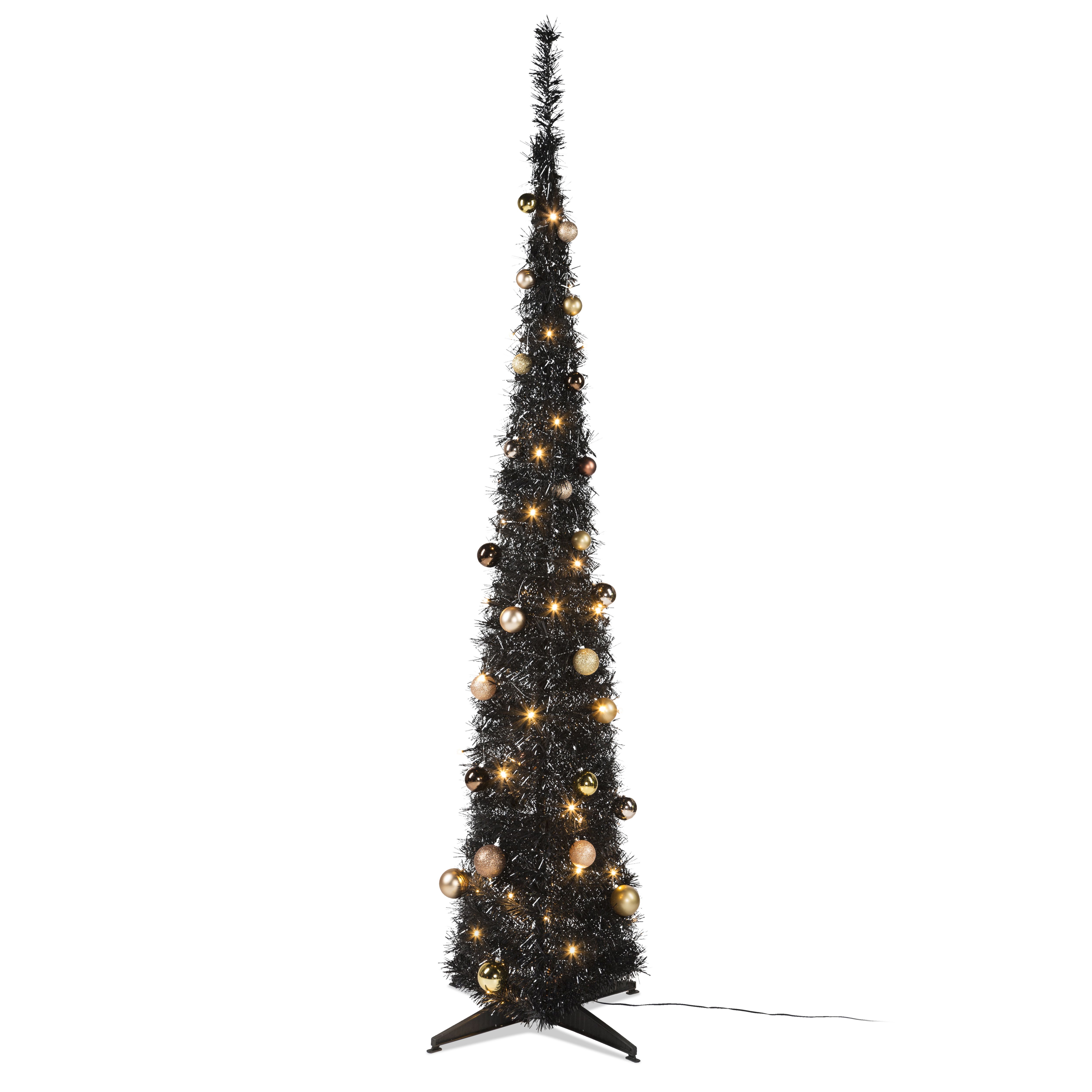 6ft Pop Up Black Tinsel Pre Lit & Decorated LED Christmas Tree ...