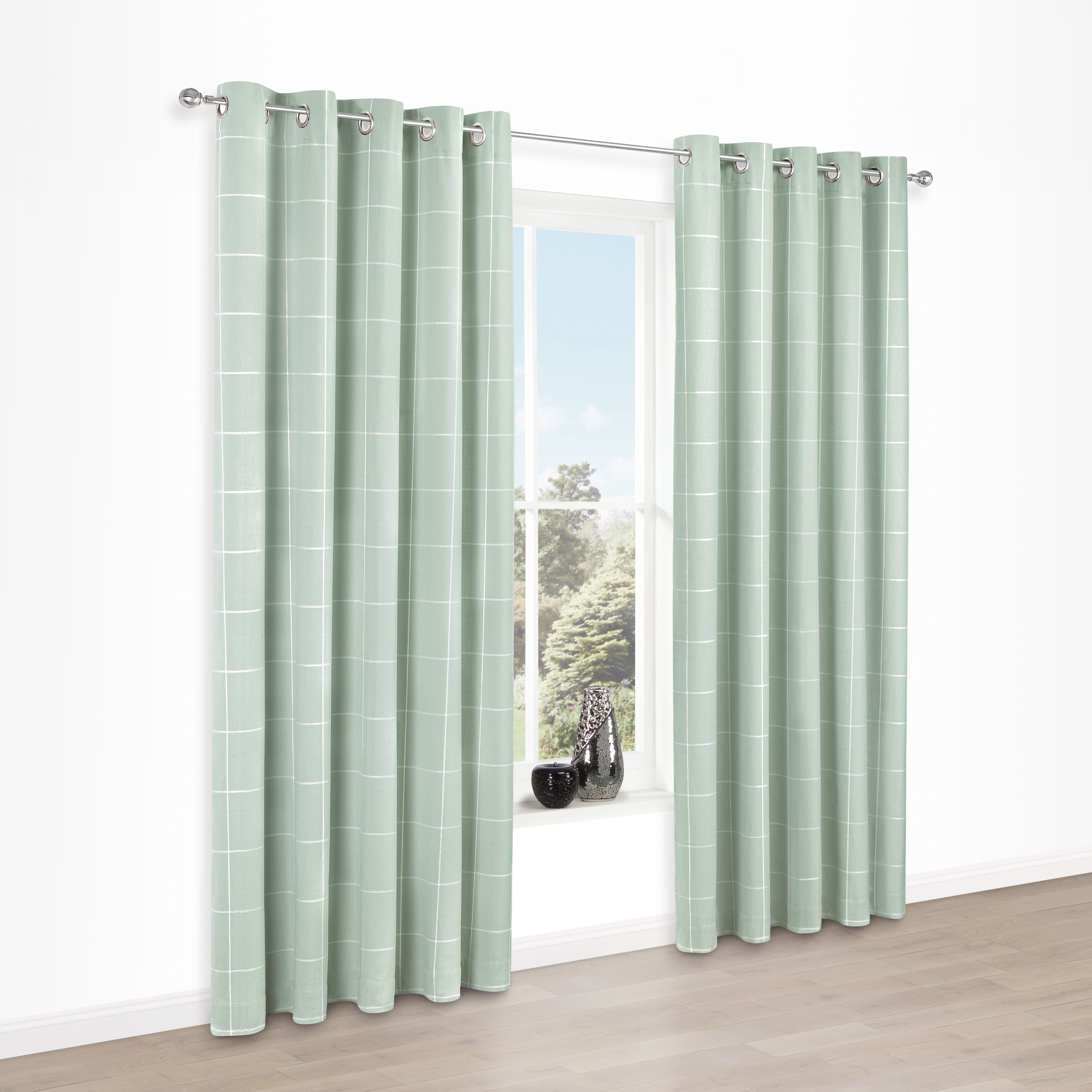 Carrie Mint Check Jacquard Eyelet Lined Curtains (W)228 Cm (L)228 Cm ...