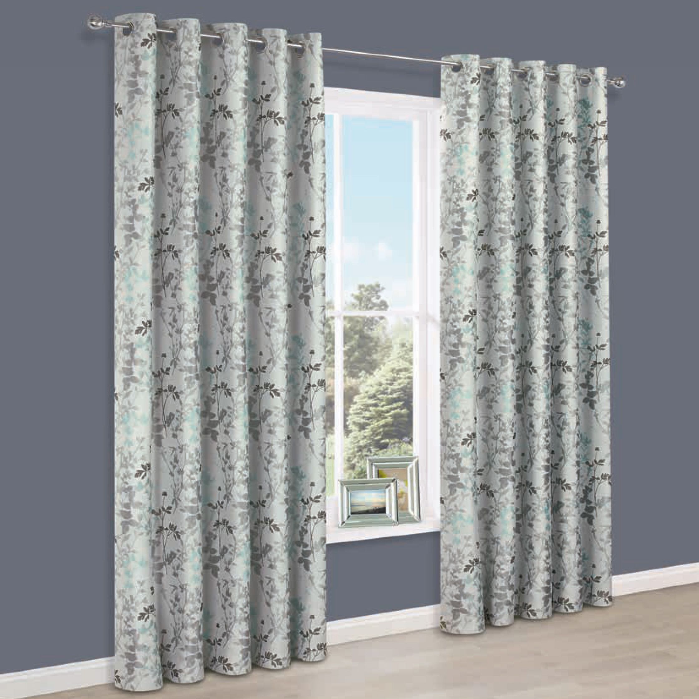 Evania Duck Egg Floral Lined Eyelet Curtains W 167cm L 228cm