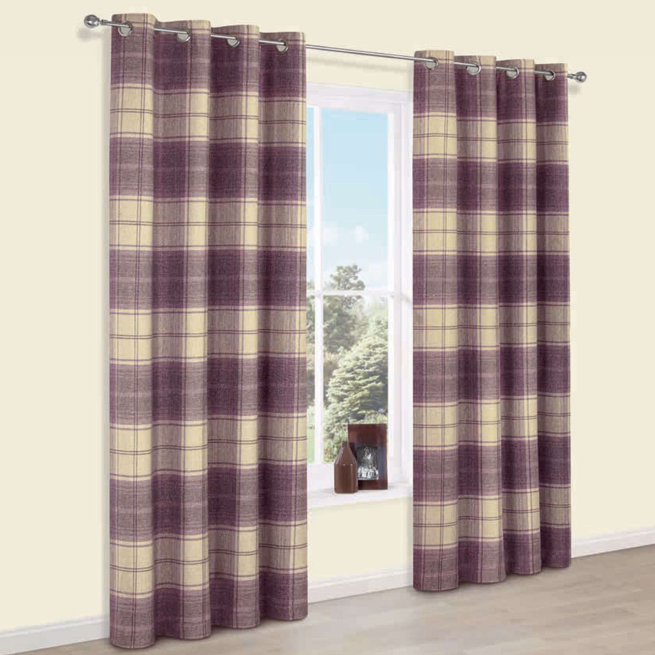 Esmeralda Purple Check Thermal Eyelet Lined Curtains (W)117 cm (L)137