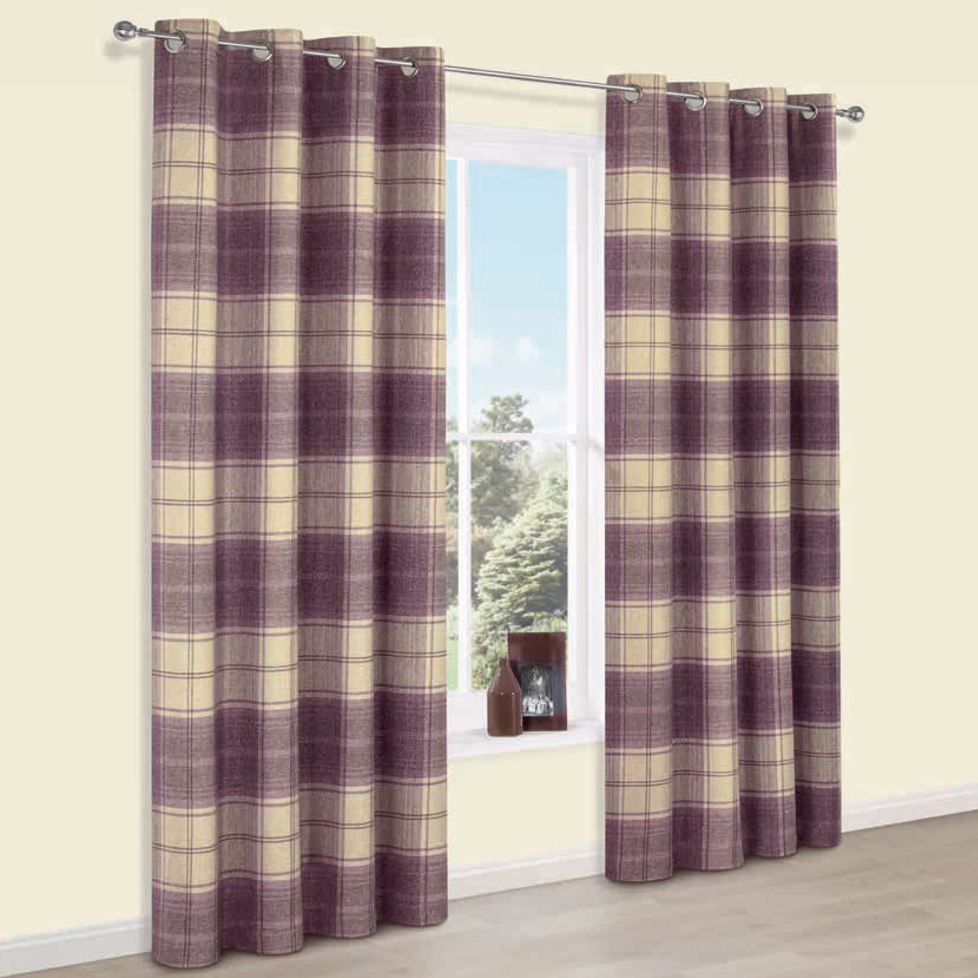 Esmeralda Purple Check Lined Eyelet Curtains W 228cm L 228cm