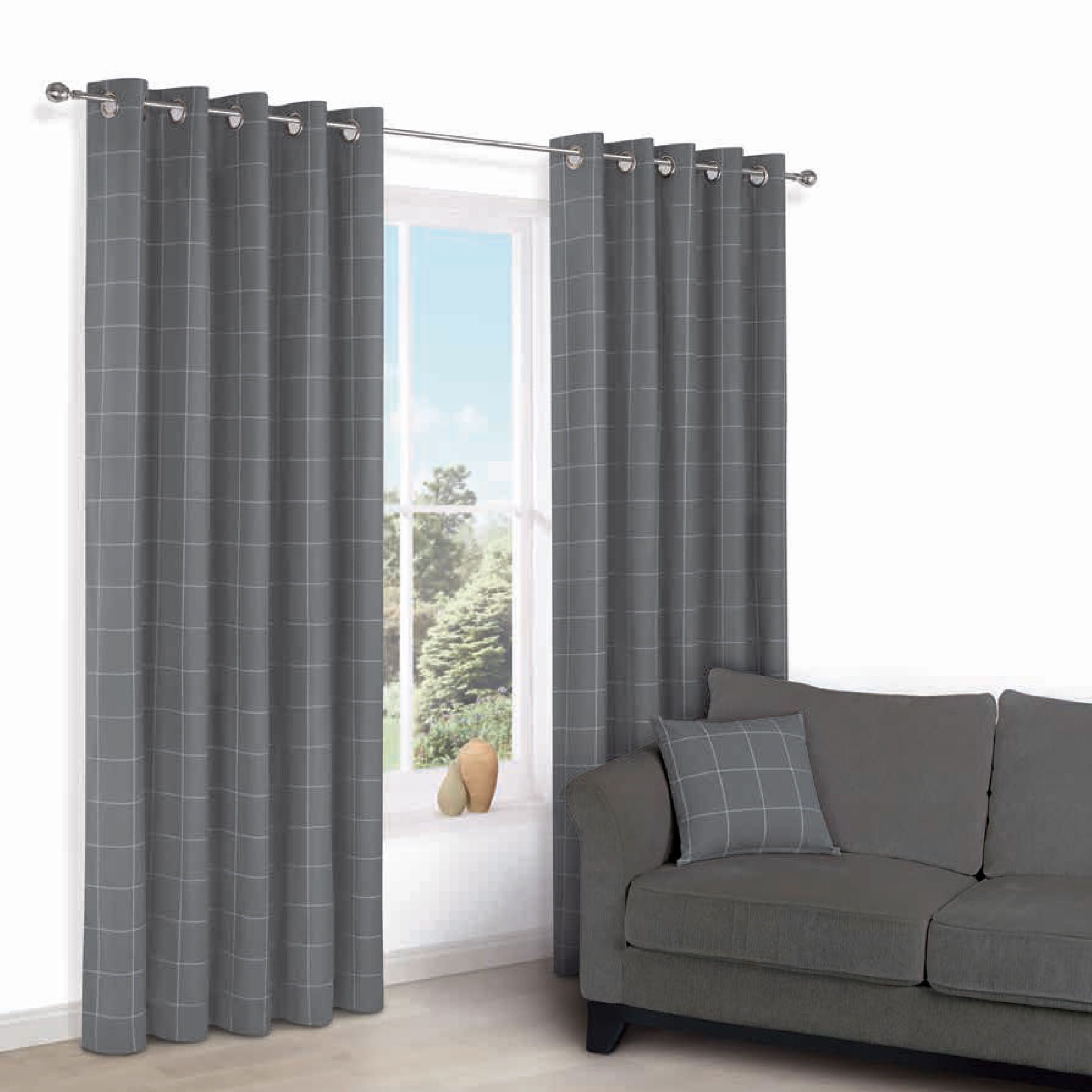 Carlena Grey Check Eyelet Lined Curtains (W)228 cm (L)228 cm