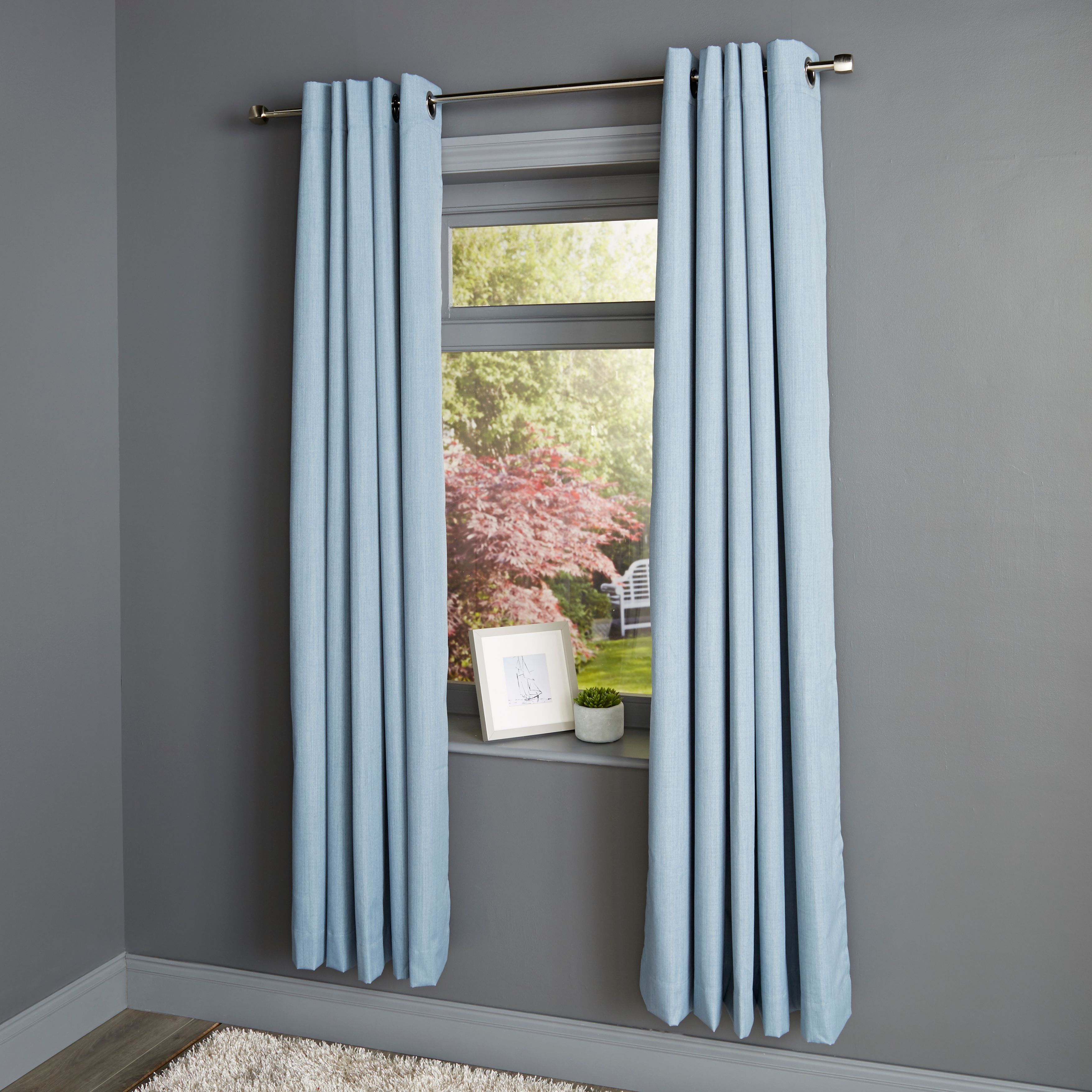 Elva Blue Plain Blackout Eyelet Curtains W 228cm L 228cm Pair