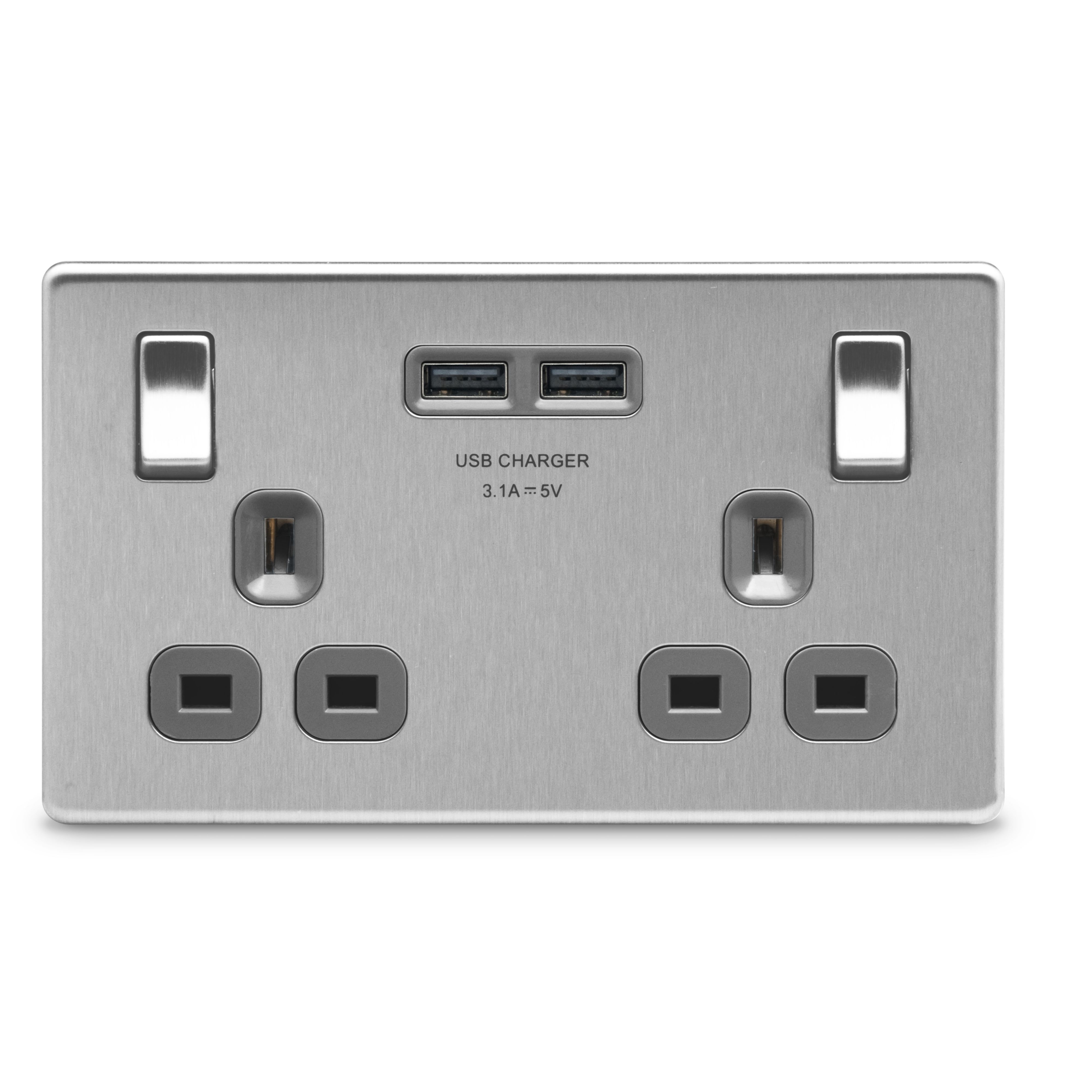Colours Brushed Steel effect Double USB socket, 2 x 3.1A USB