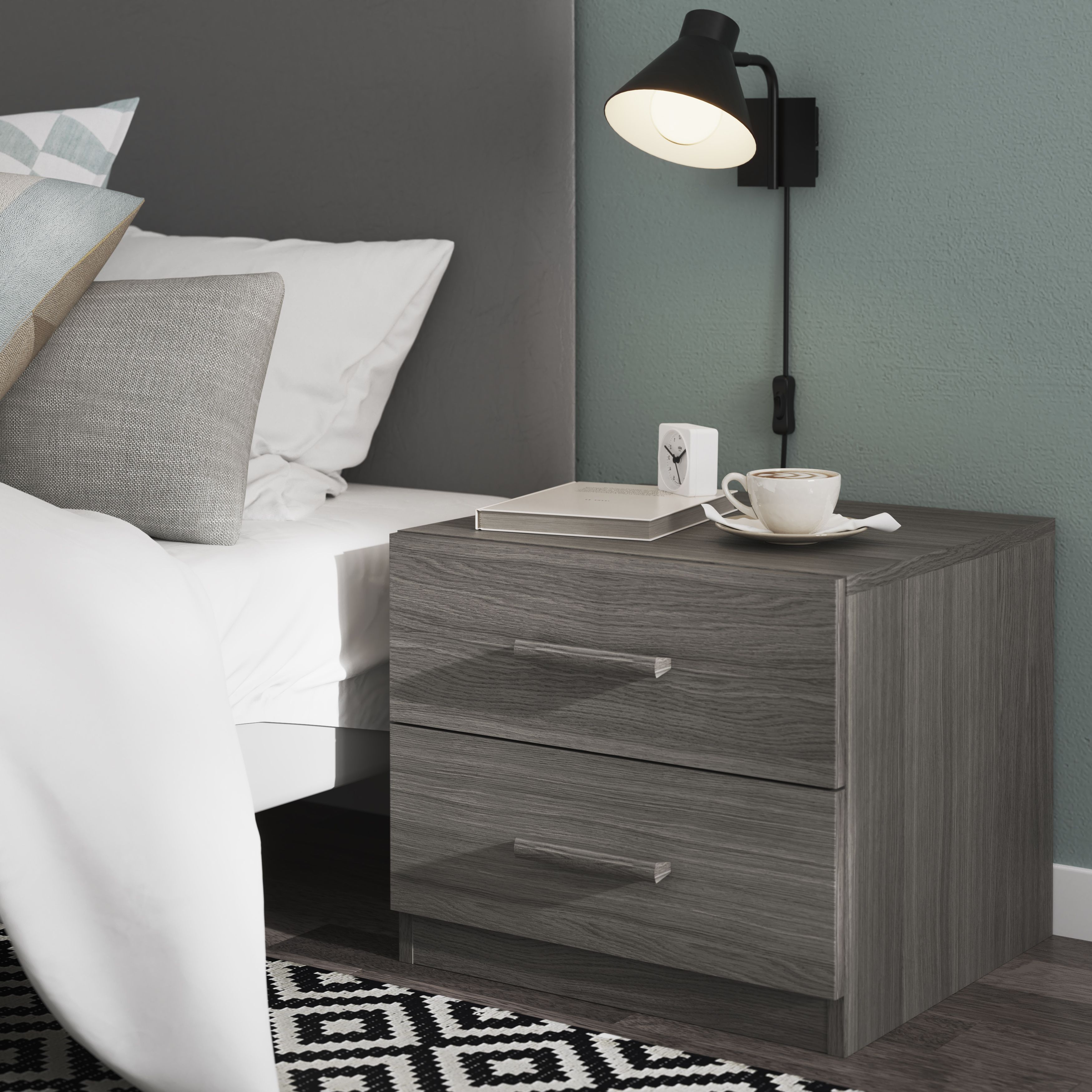 Atomia Freestanding Matt grey oak effect 2 Drawer Bedside table (H)429mm (W)500mm (D)466mm