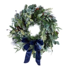 50cm Green Eucalyptus with blue bow Christmas wreath