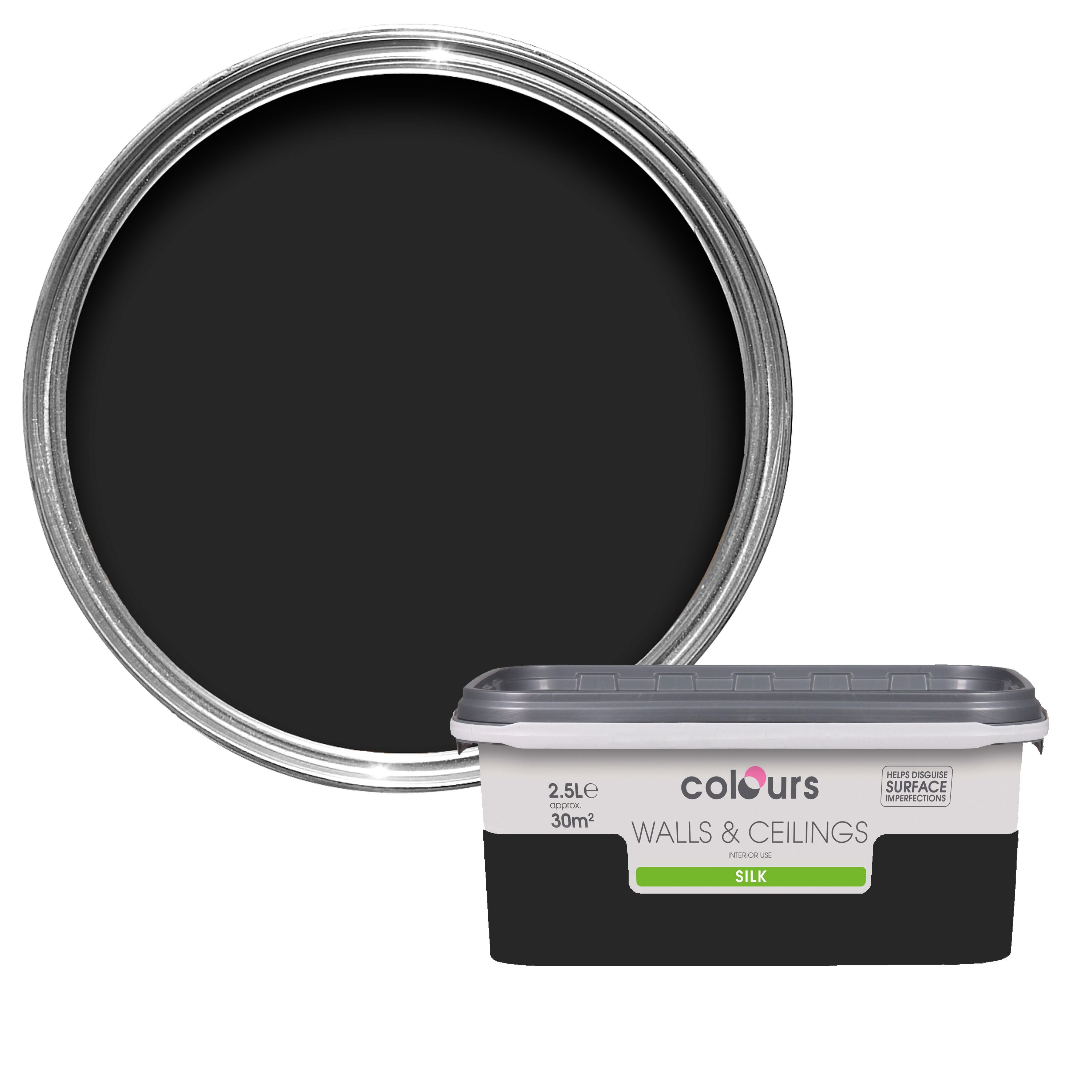 Colours Black Silk Emulsion Paint 2.5L | Departments | DIY at B&Q