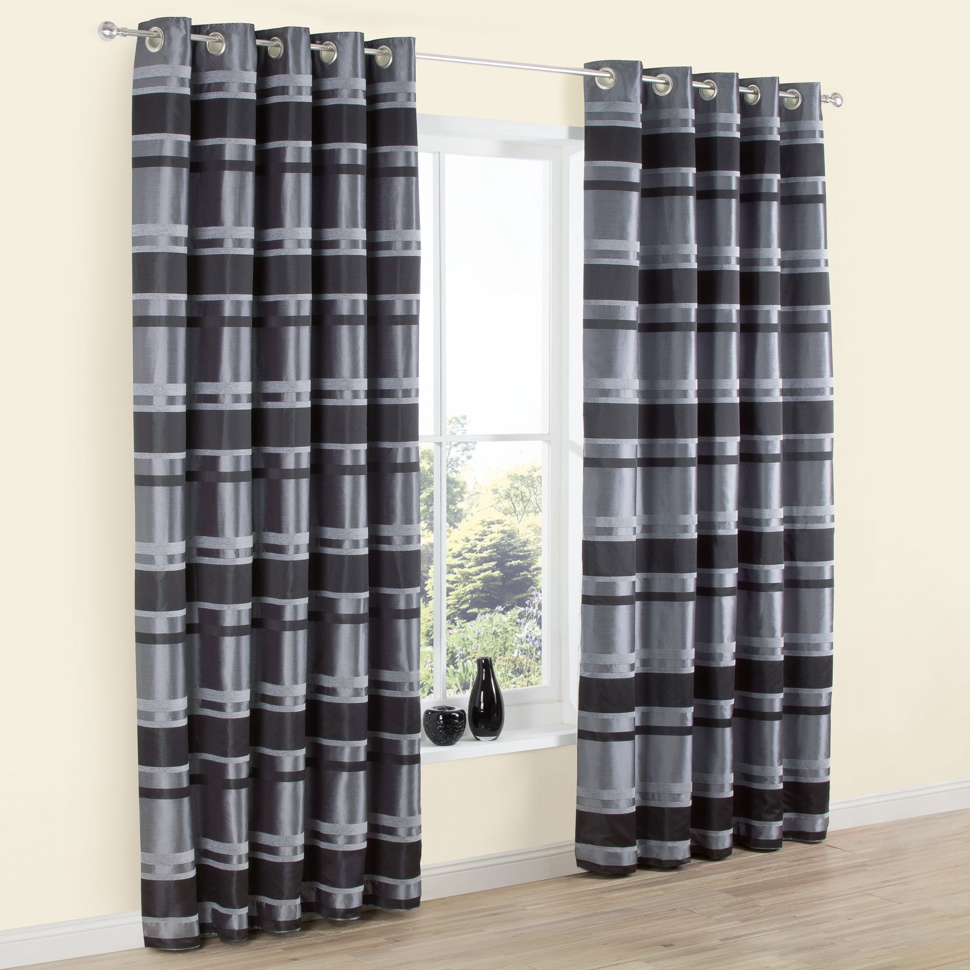 Dill Black Grey Striped Lined Eyelet Curtains W 167cm L 228cm