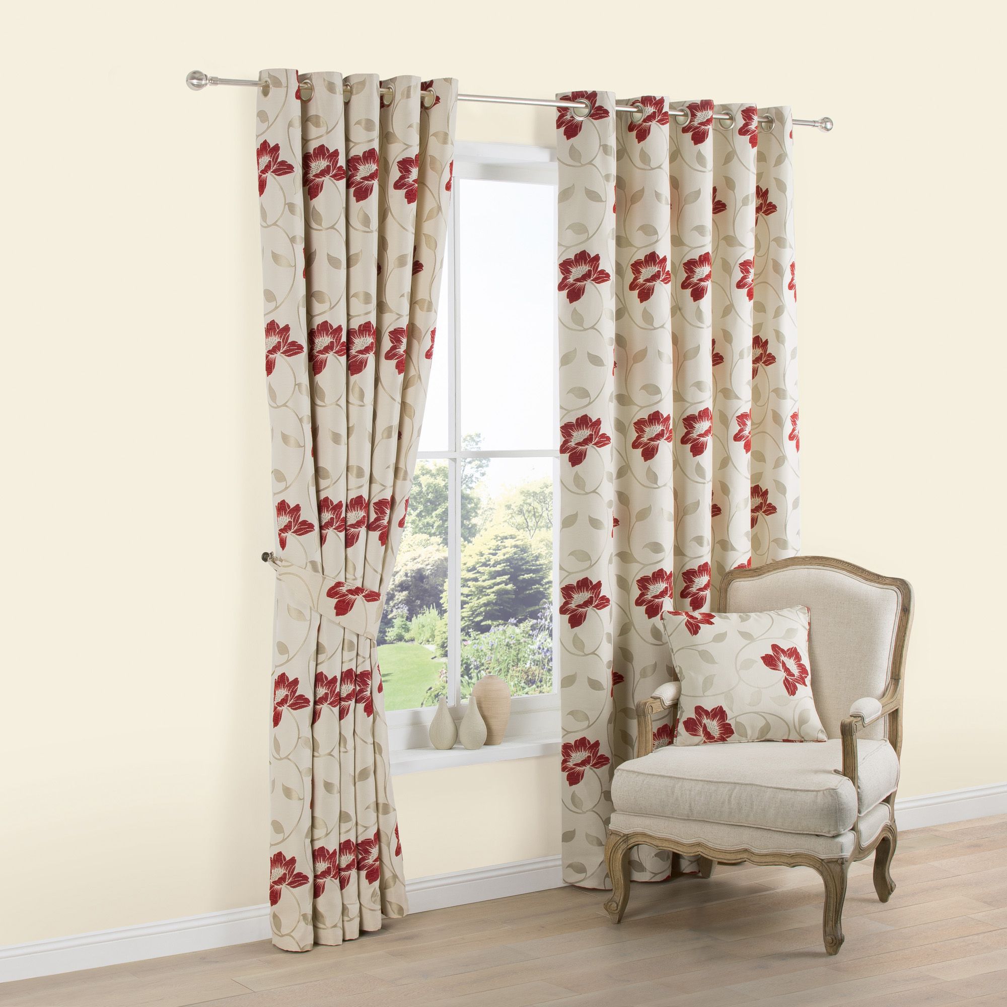Geranium Cream Red Floral Jacquard Lined Eyelet Curtains W