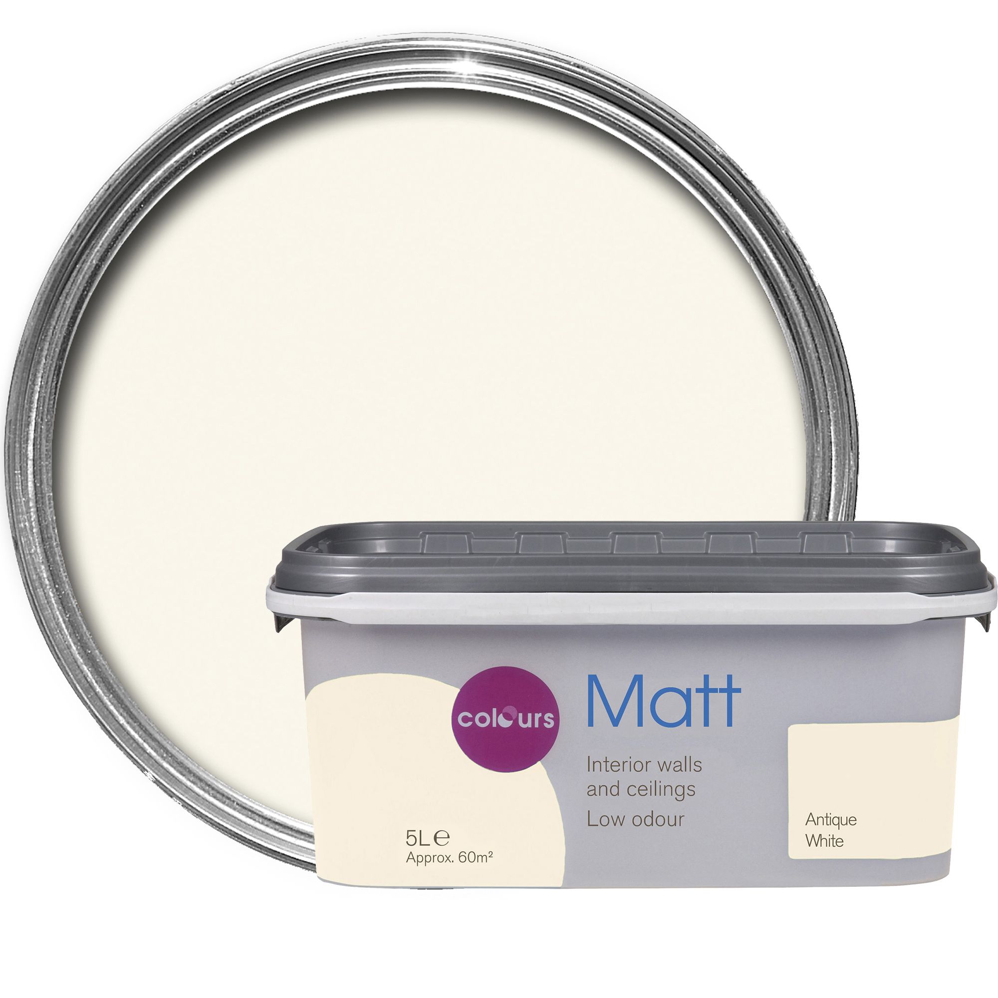 Colours Antique white Matt Emulsion paint 5L Departments DIY at B&Q