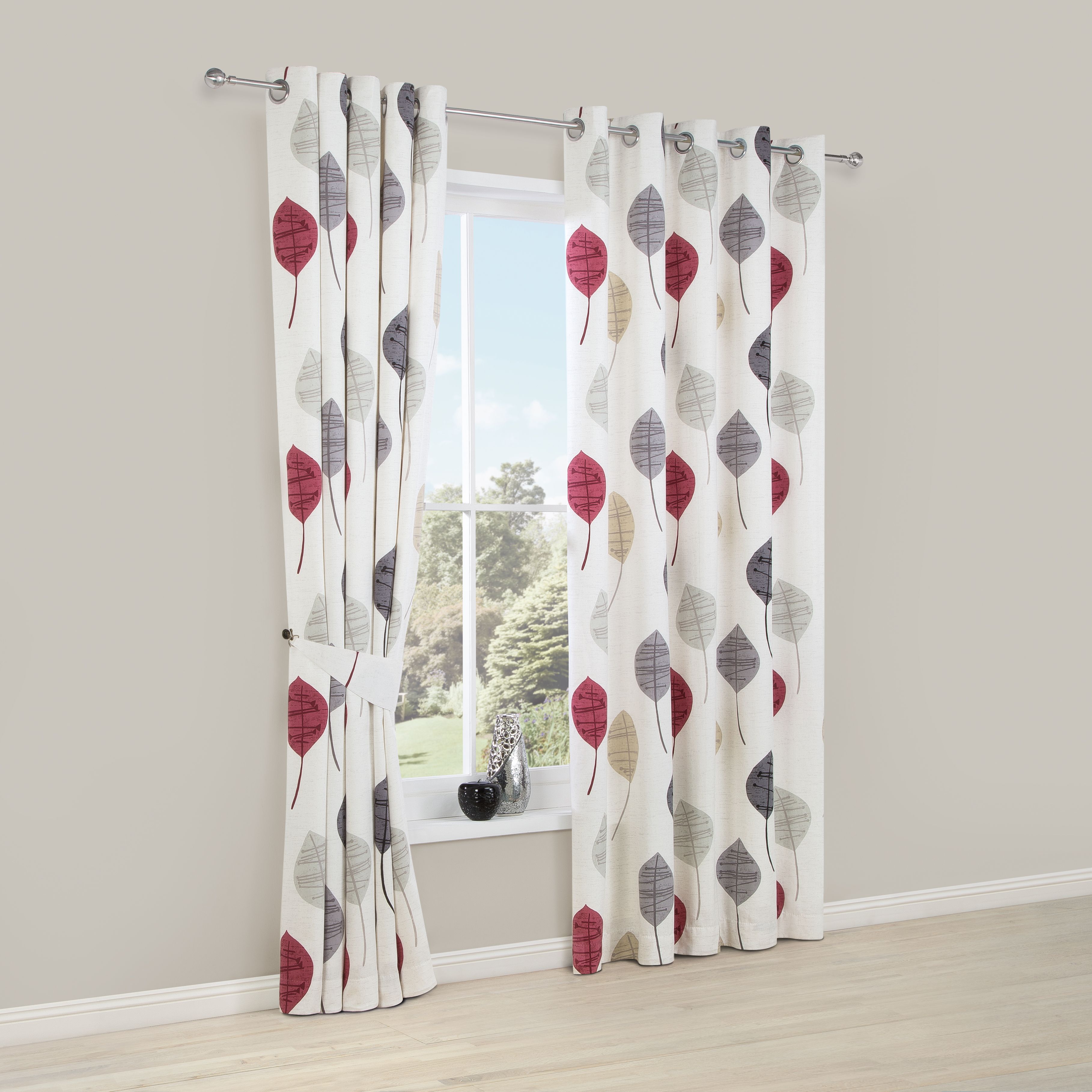 Dario Beige, Grey, Red & White Floral Printed Eyelet Lined Curtains (W