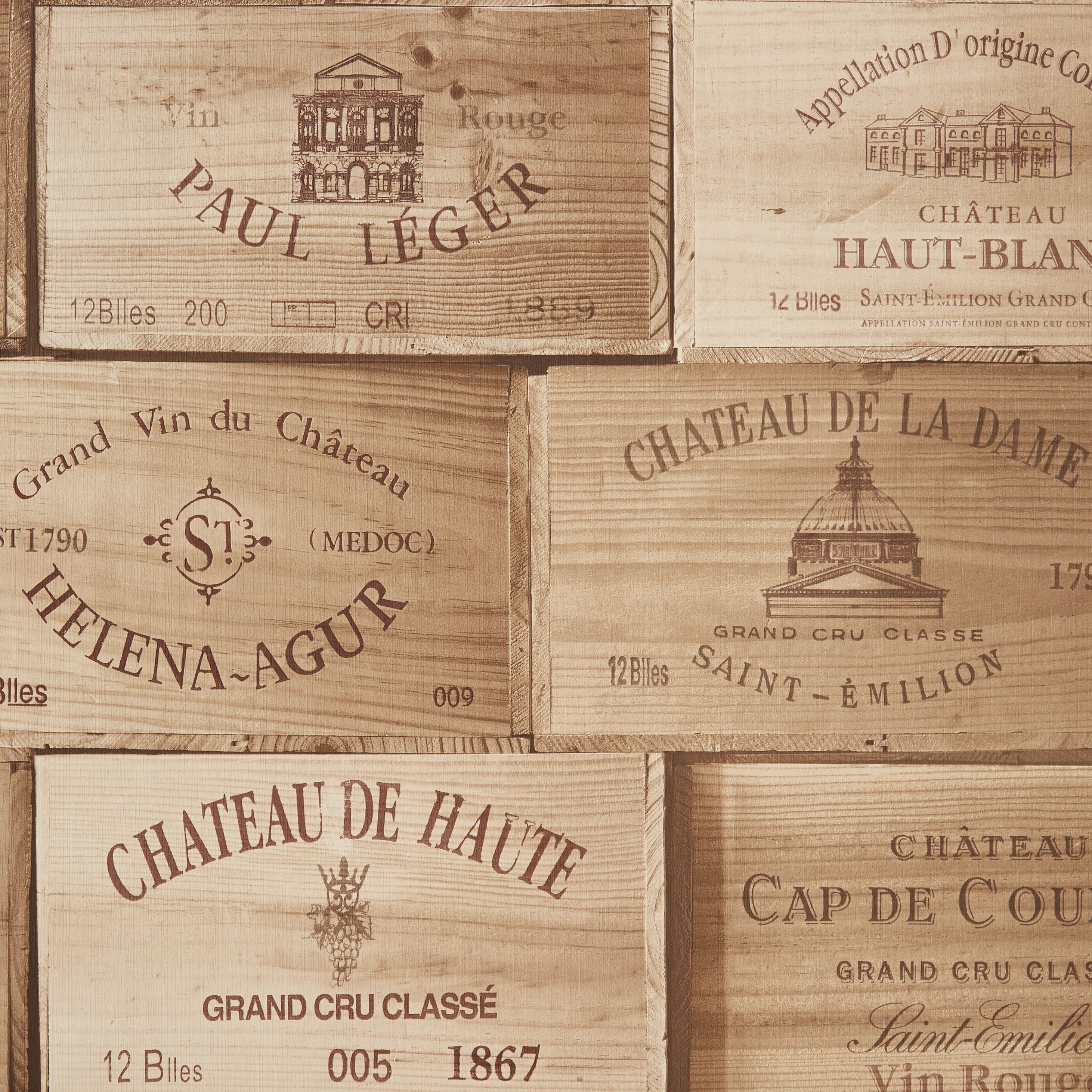 Grandeco Gold Wooden Wine Boxes Wallpaper | Departments | DIY at B&Q