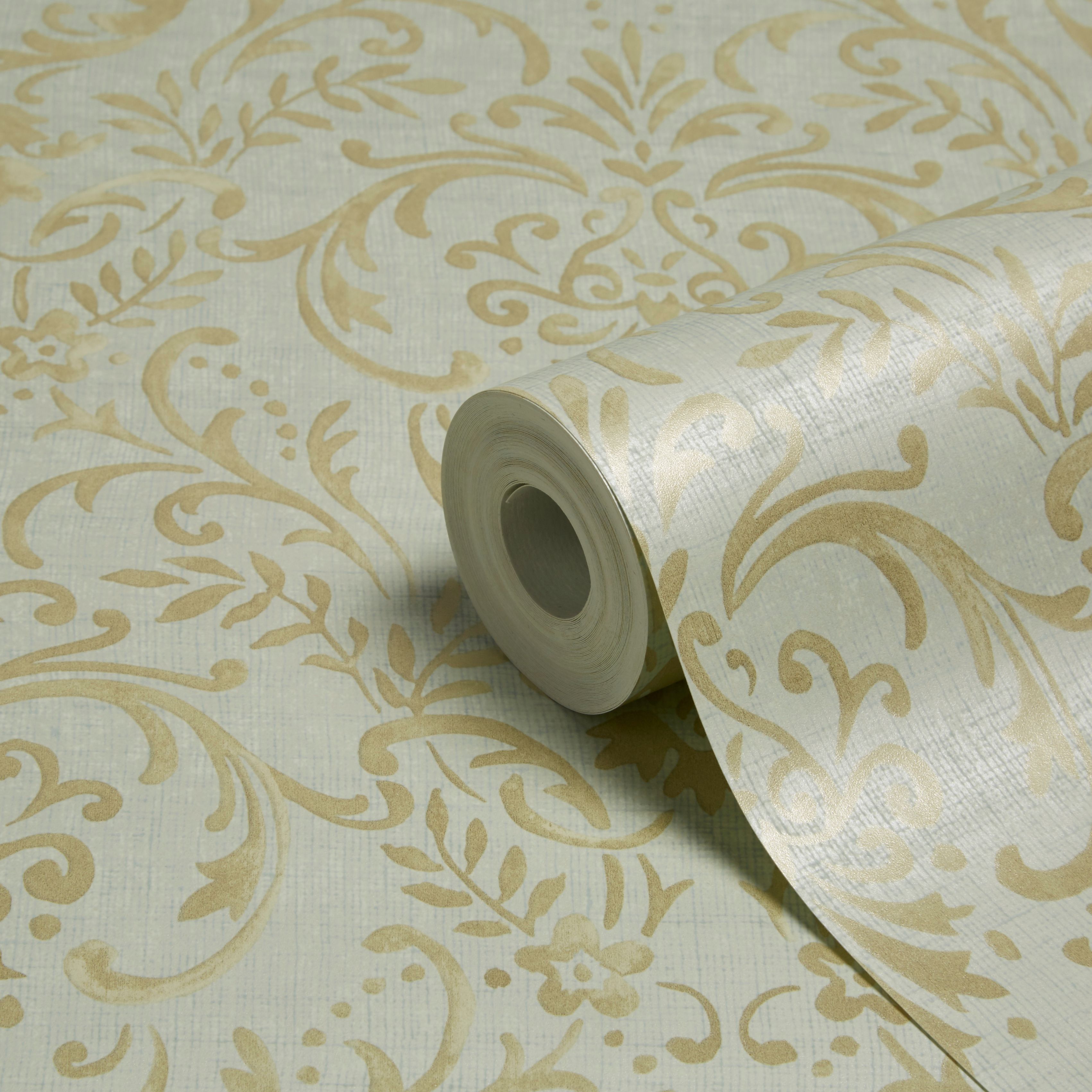 Grandeco Prestige Duck Egg Damask Mica Wallpaper | Departments | DIY At B&Q