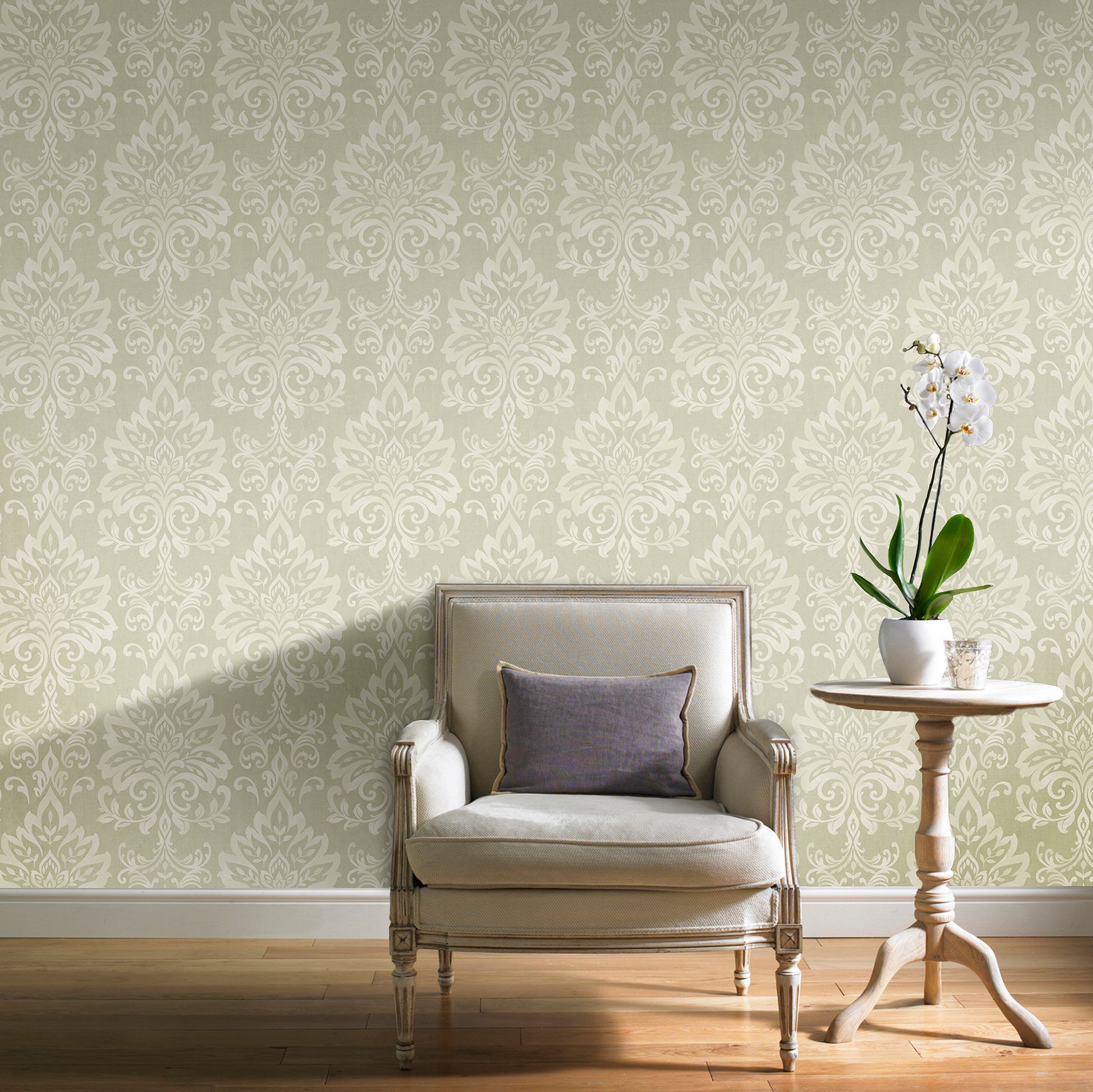 Opulence Green Damask Glitter Effect Wallpaper | Departments | DIY at B&Q