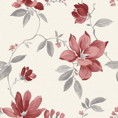 Magnolia Cream & red Floral Smooth Wallpaper | Departments | DIY at B&Q