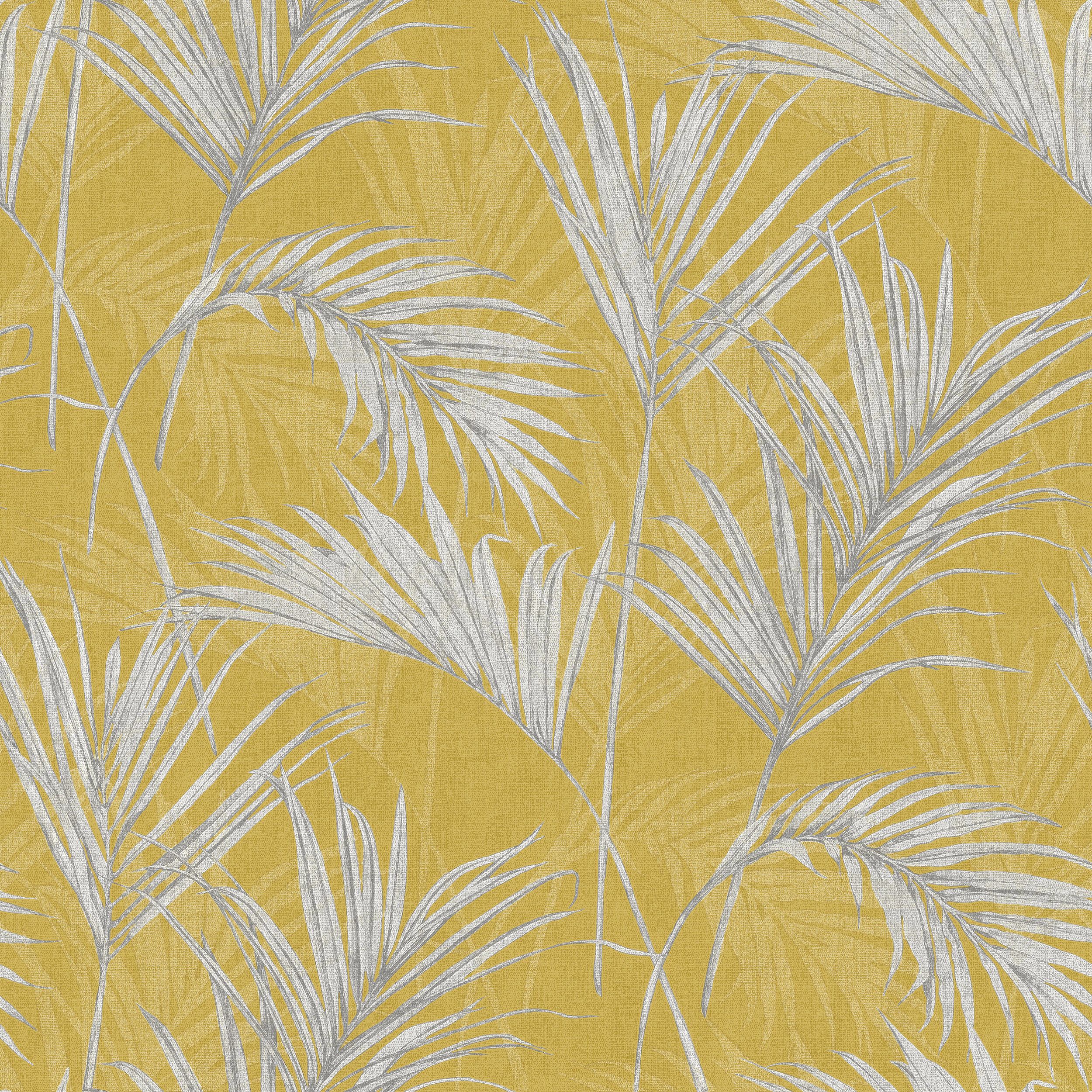 Grandeco Palm Springs Grey Yellow Leaf Metallic Effect Embossed