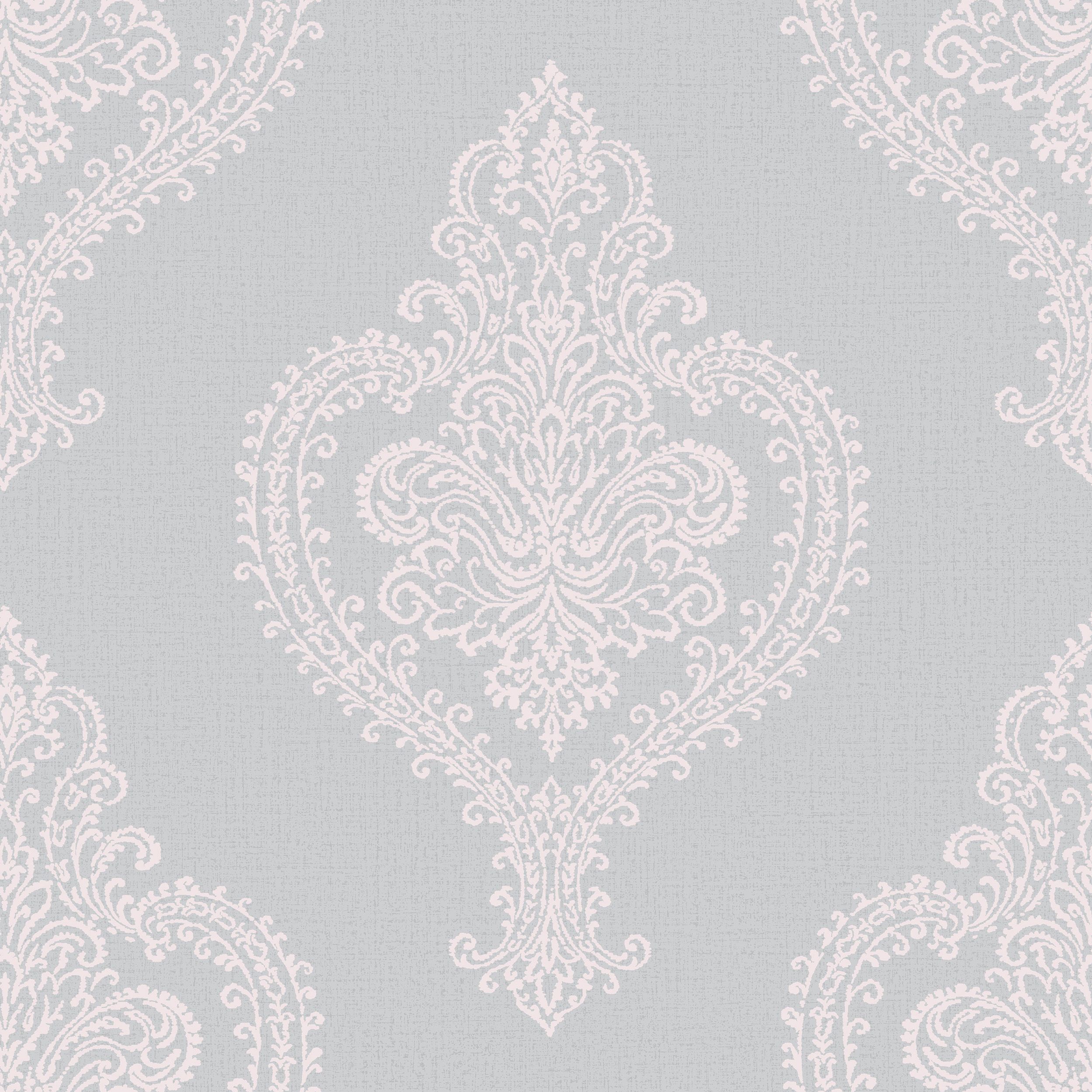 Grandeco Adalyn Blush grey Damask Mica effect Embossed