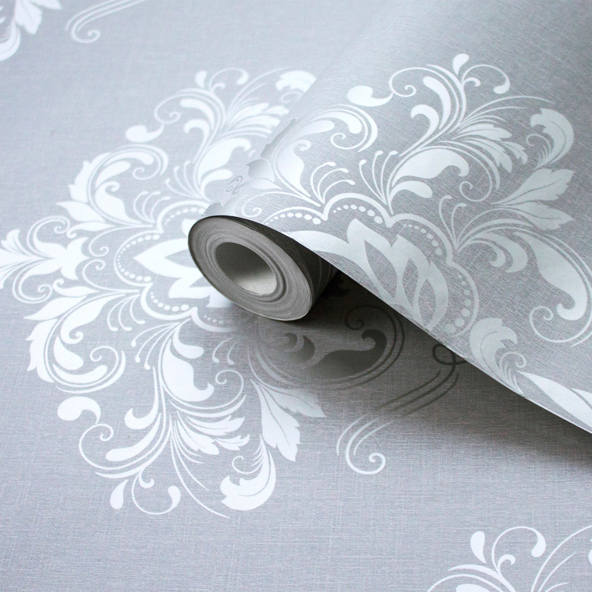 Rasch Grey & silver Damask Wallpaper Departments DIY at B&Q