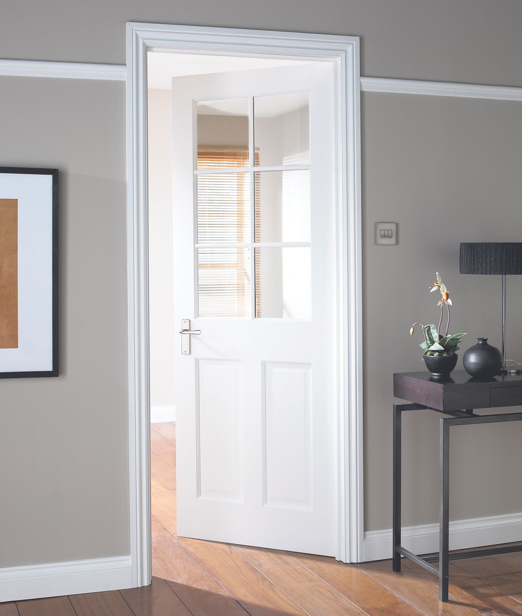 6 panel Glazed White Internal Door, (H)1981mm (W)762mm (T)35mm