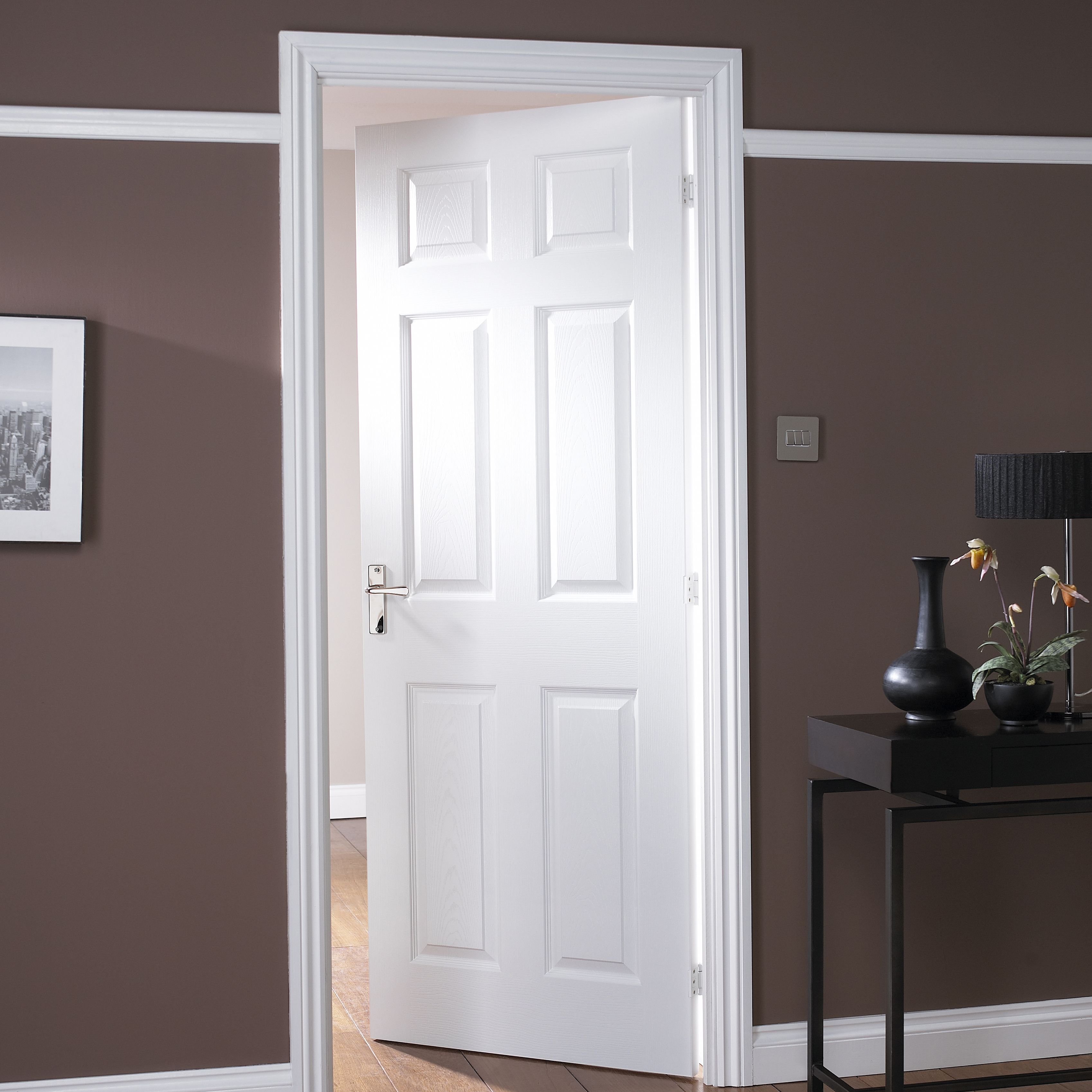 6 panel Unglazed Contemporary White Woodgrain effect Internal Door, (H)2040mm (W)926mm (T)40mm