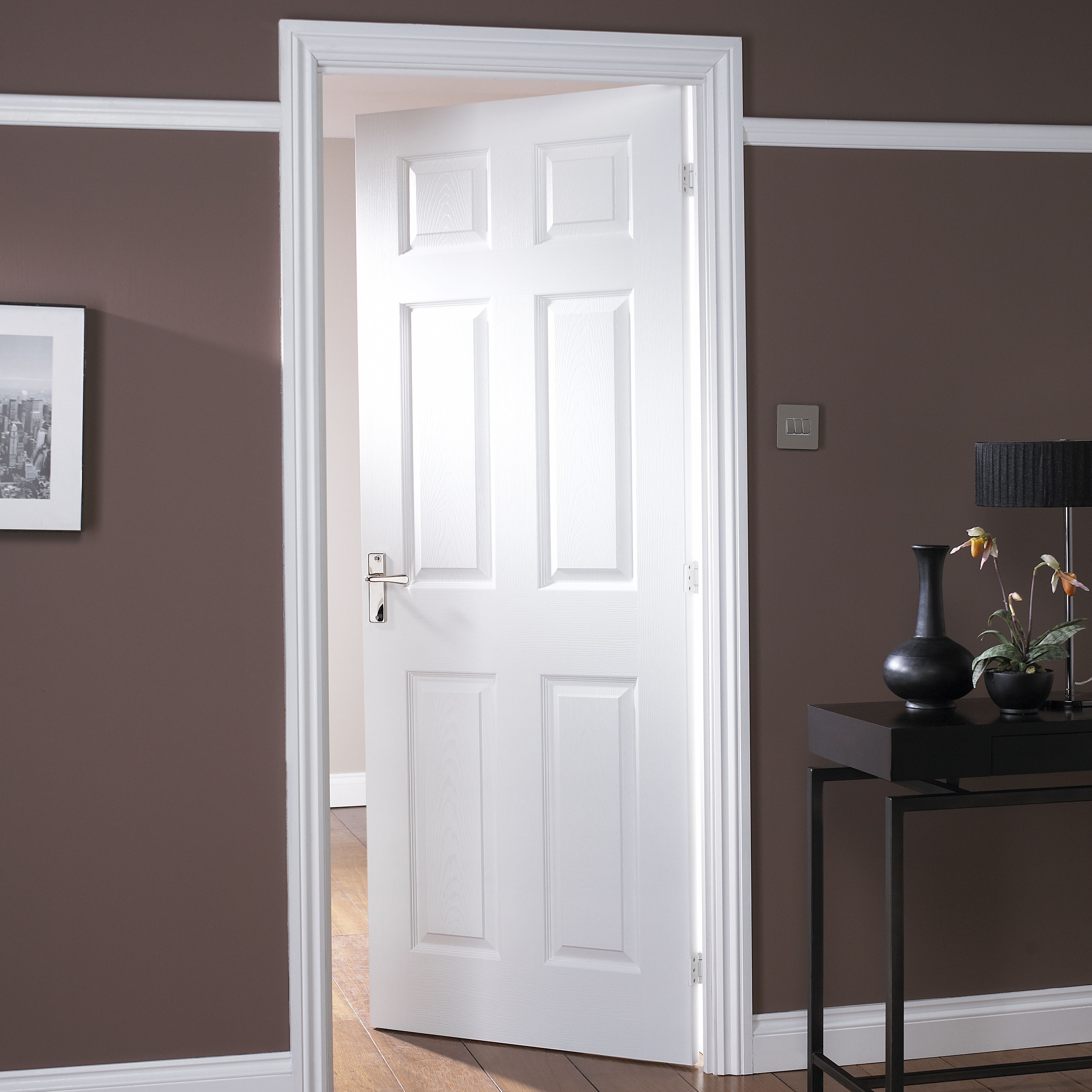6 panel Unglazed White Woodgrain effect Internal Fire door, (H)1981mm (W)762mm (T)35mm