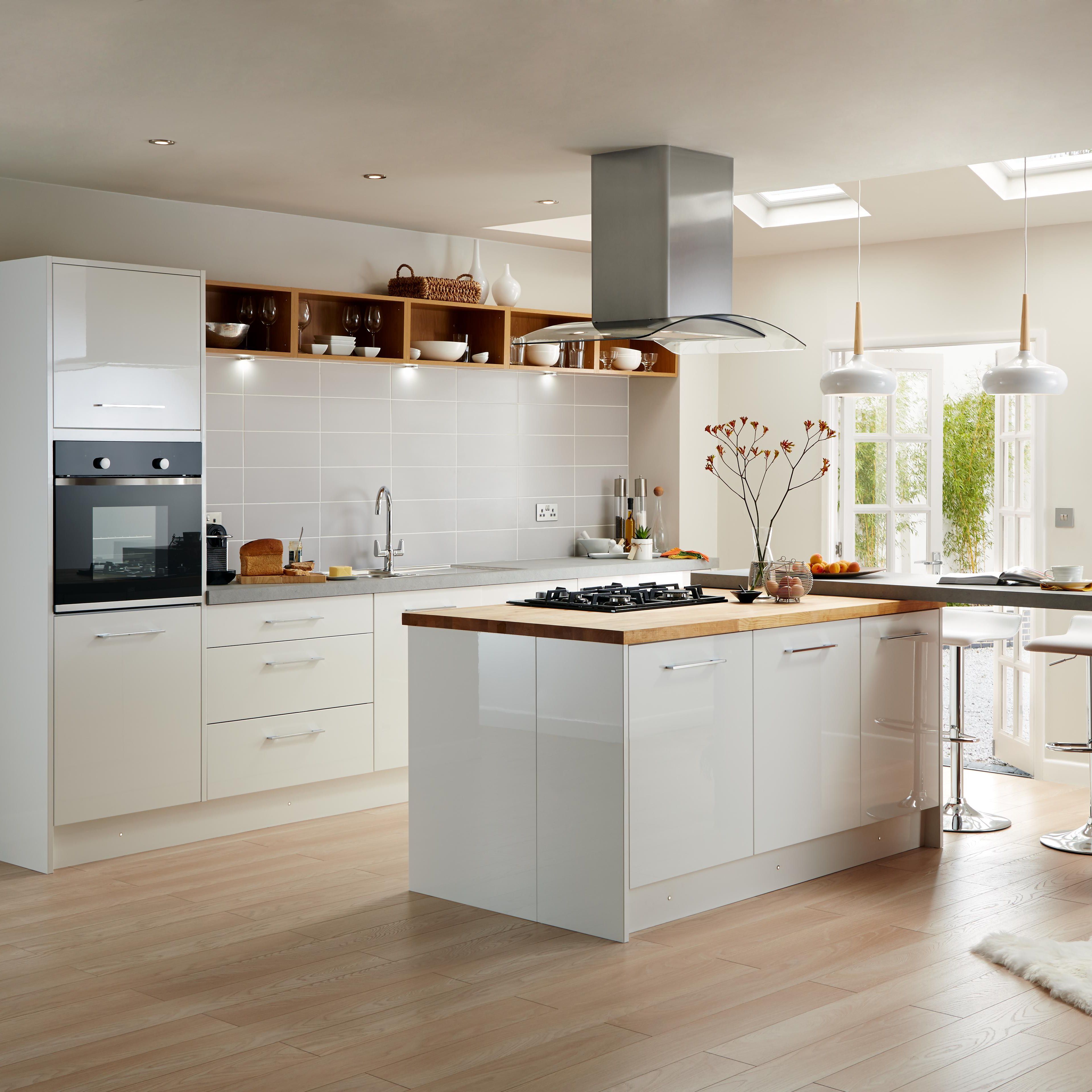 Cooke & Lewis Raffello High Gloss White Slab fitted kitchen
