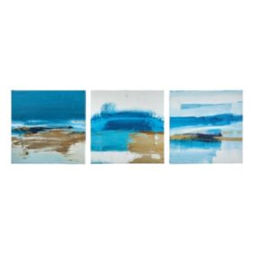 Abstract Blue & gold Canvas art, Set of 3 (H)30cm x (W)90cm