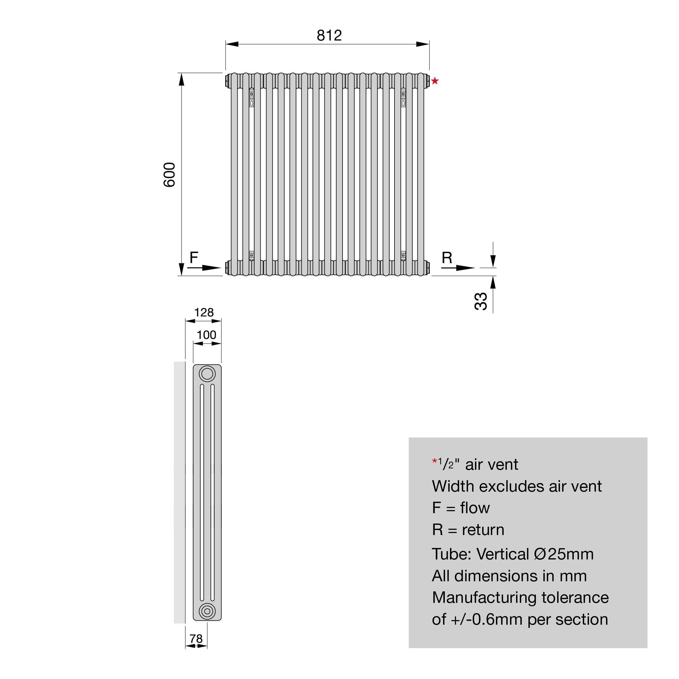 Acova Classic Anthracite 3 Column Radiator, (W)812mm x (H)600mm
