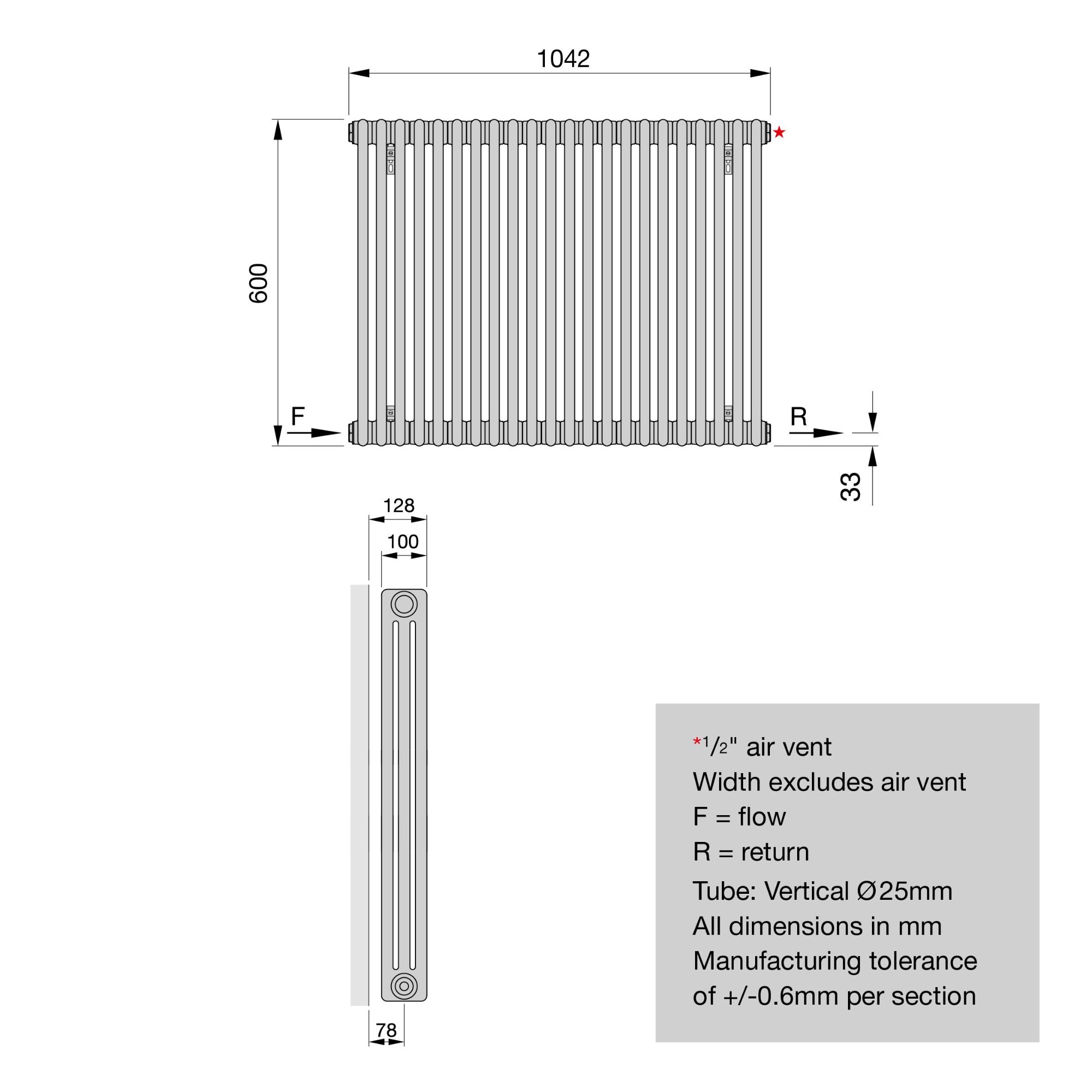 Acova Classic Bronze effect 3 Column Radiator, (W)1042mm x (H)600mm