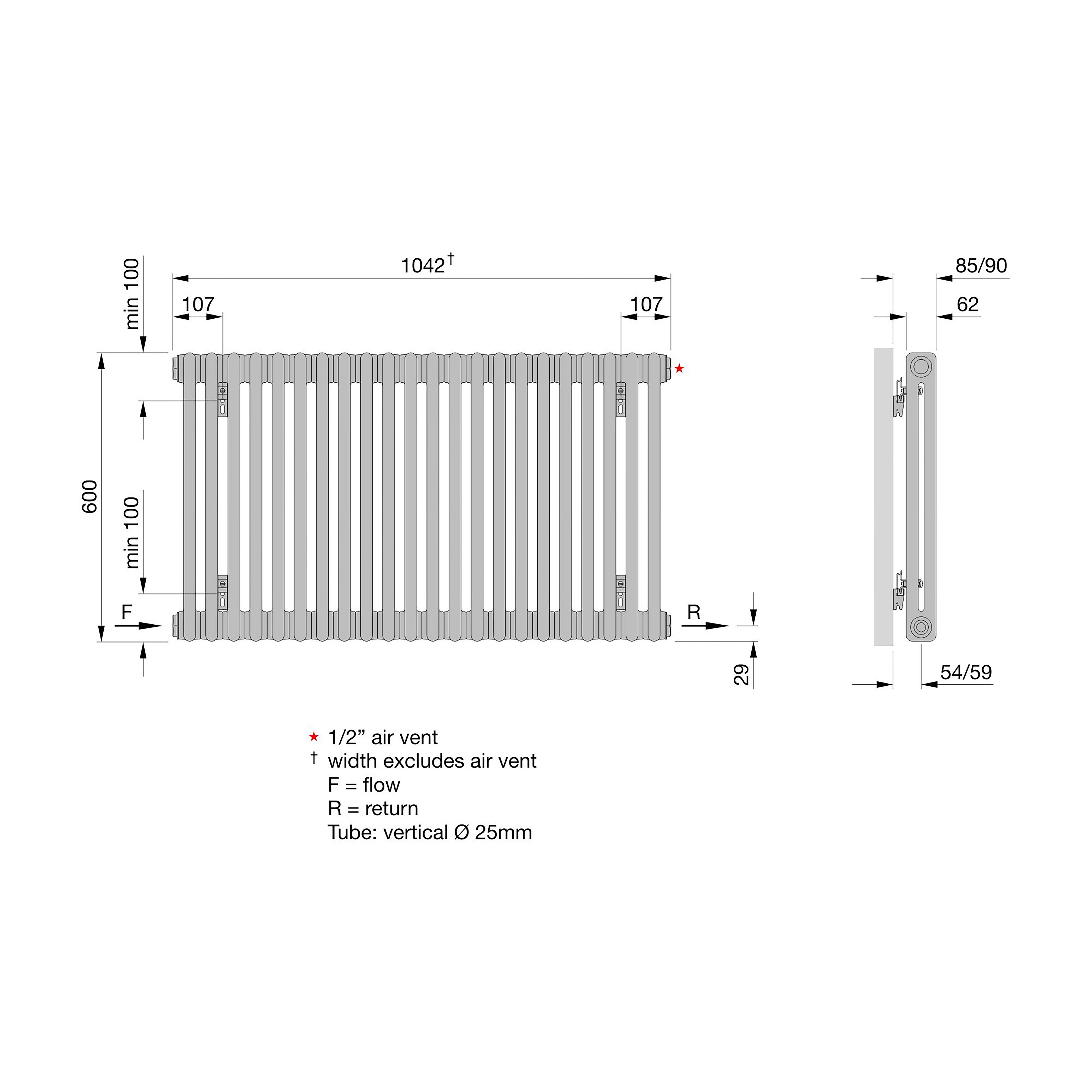 Acova Raw metal 2 Column Radiator, (W)1042mm x (H)600mm