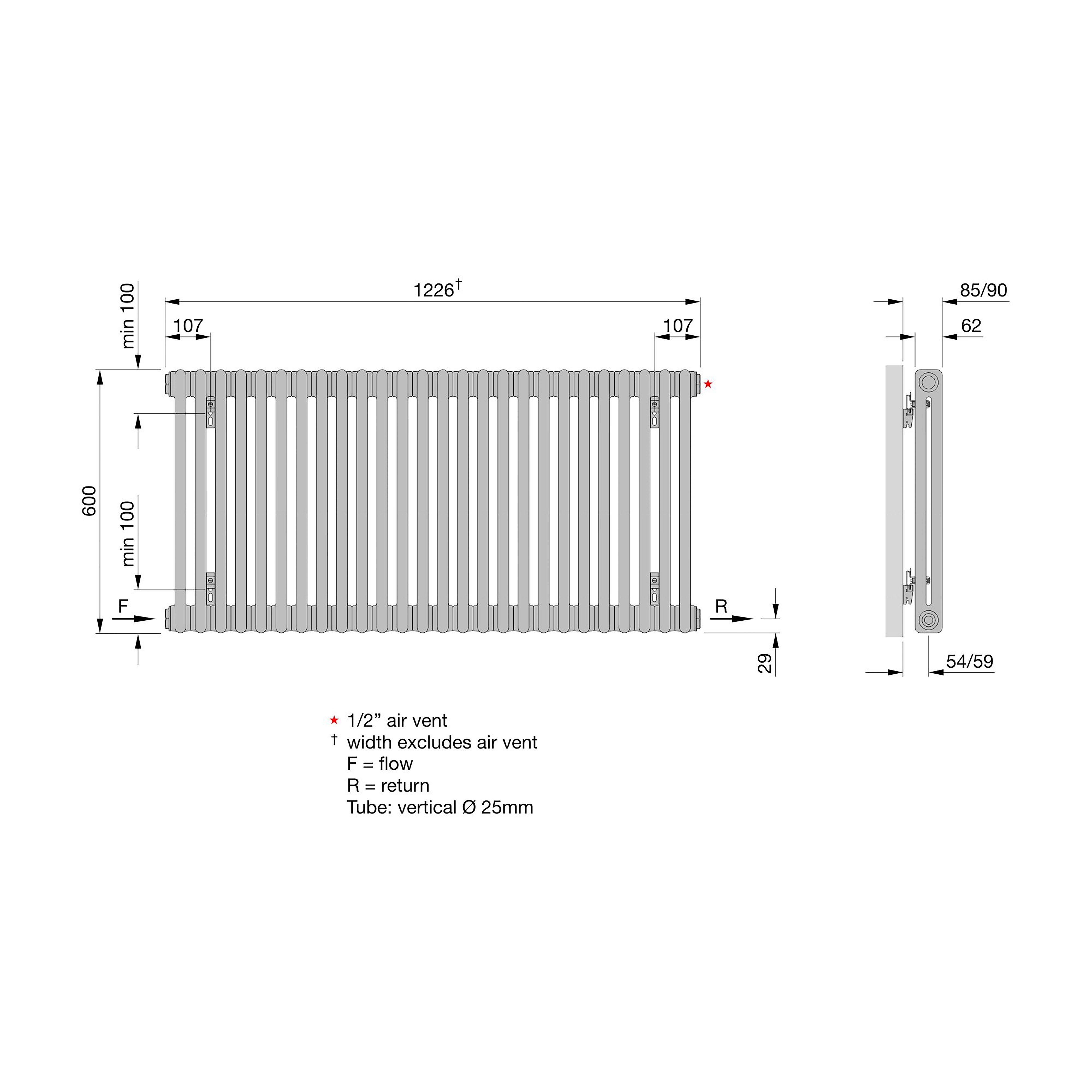 Acova Raw metal 2 Column Radiator, (W)1226mm x (H)600mm